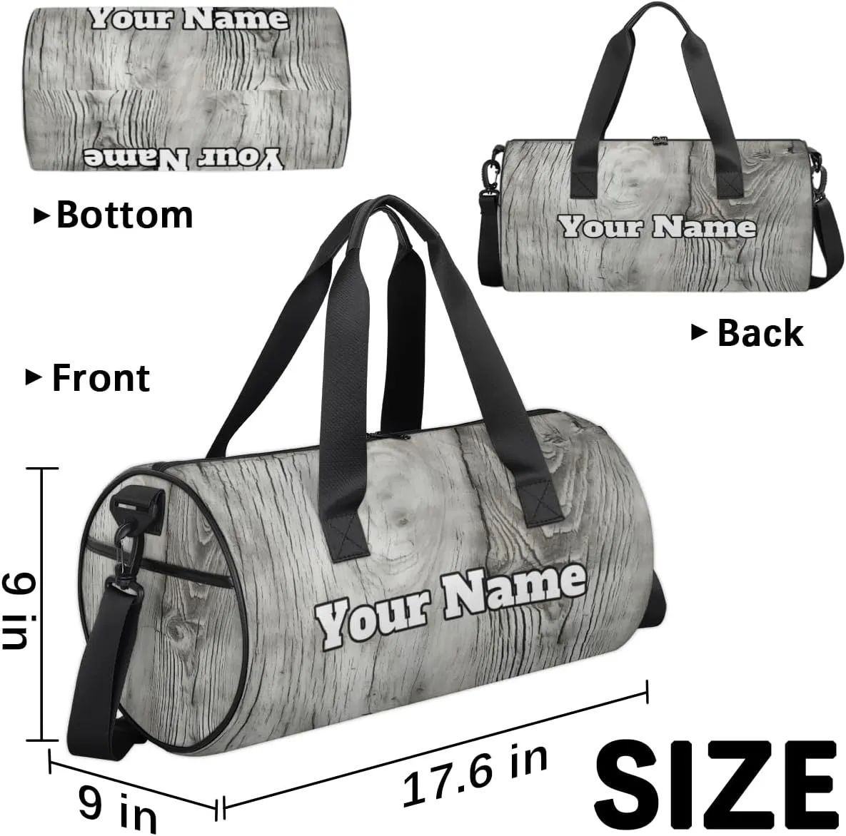 Custom Gym Bag for Women Men with Name, Personalized Wood Grain Duffel Bag for Sports, Waterproof Dance Bag, Lightweight Carryon Gym Bag, Farm Wood Grain