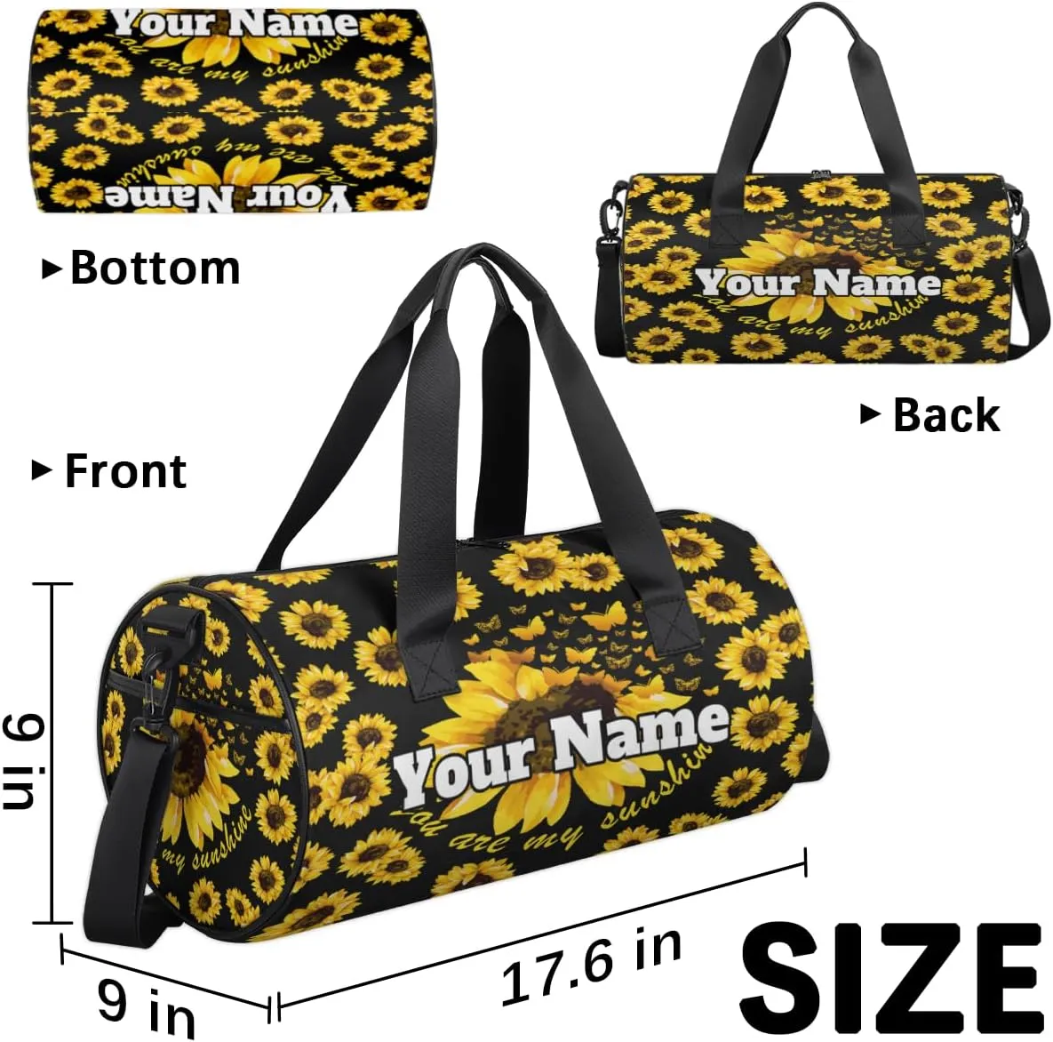 Custom Gym Bag for Women with Name, Personalized Sunflower Duffel Bag for Sports, Waterproof Dance Bag, Lightweight Carryon Gym Bag, Butterfly