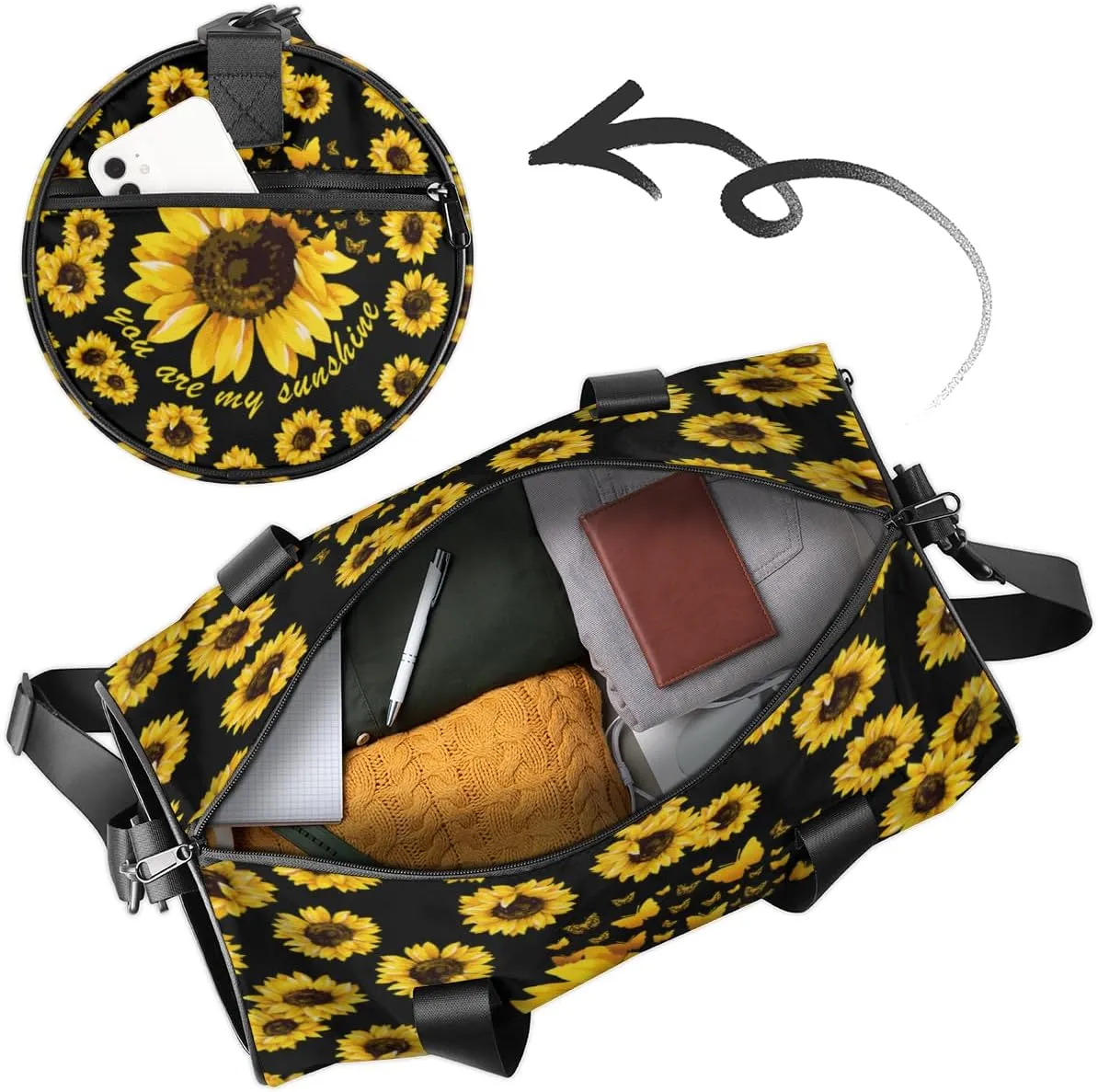 Custom Gym Bag for Women with Name, Personalized Sunflower Duffel Bag for Sports, Waterproof Dance Bag, Lightweight Carryon Gym Bag, Butterfly