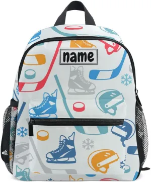 Custom Kid's Name Backpack, Ice Hockey Sports Pattern Toddler Backpack for Daycare Travel, Personalized Name Preschool Bookbag for Boys Girls