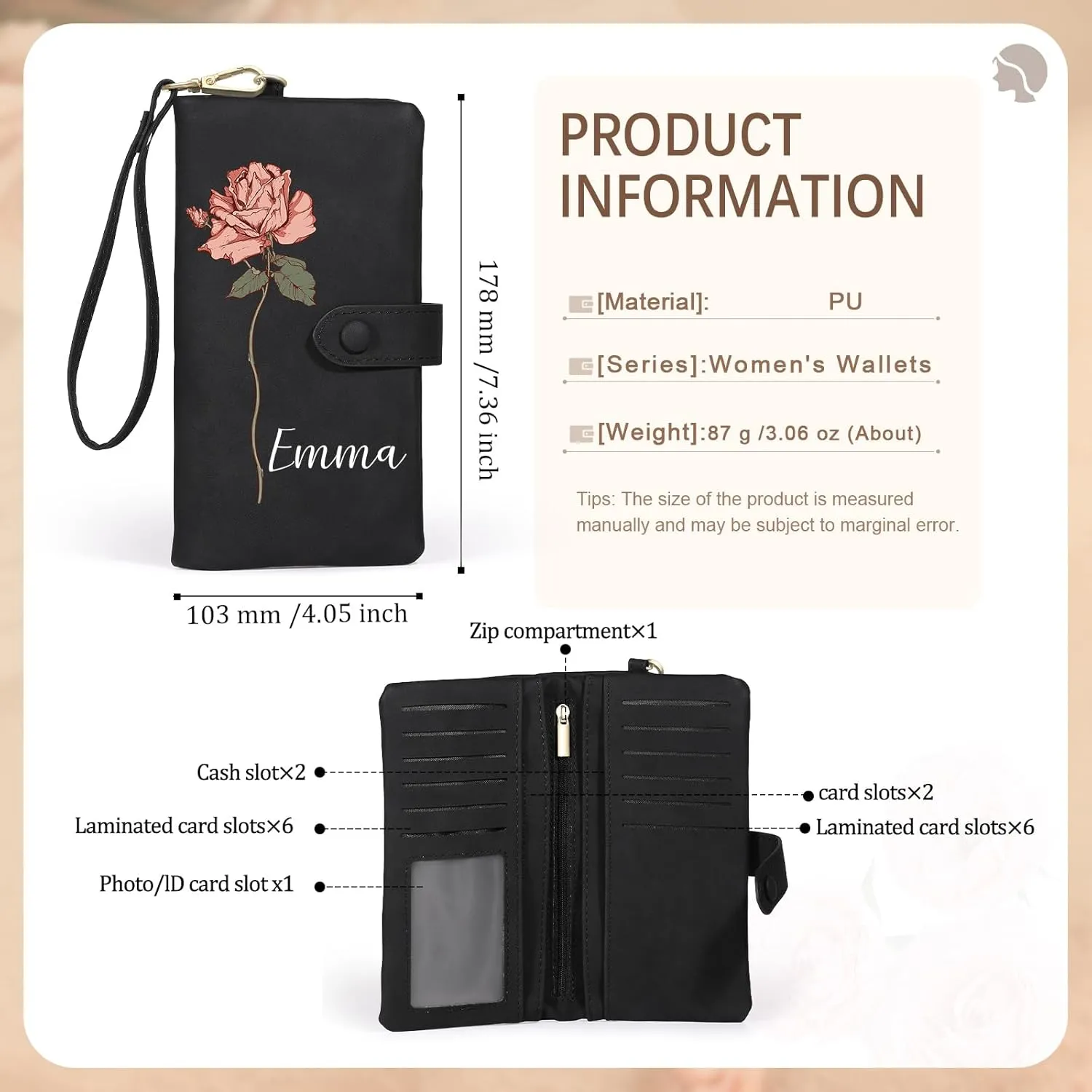 Custom Leather Wallet for Women - Personalized Ladies Wallet with Birthflower & Name - Women’s Wallets PU Leather Gifts for Women Mothers Day Gifts for Her (Black)