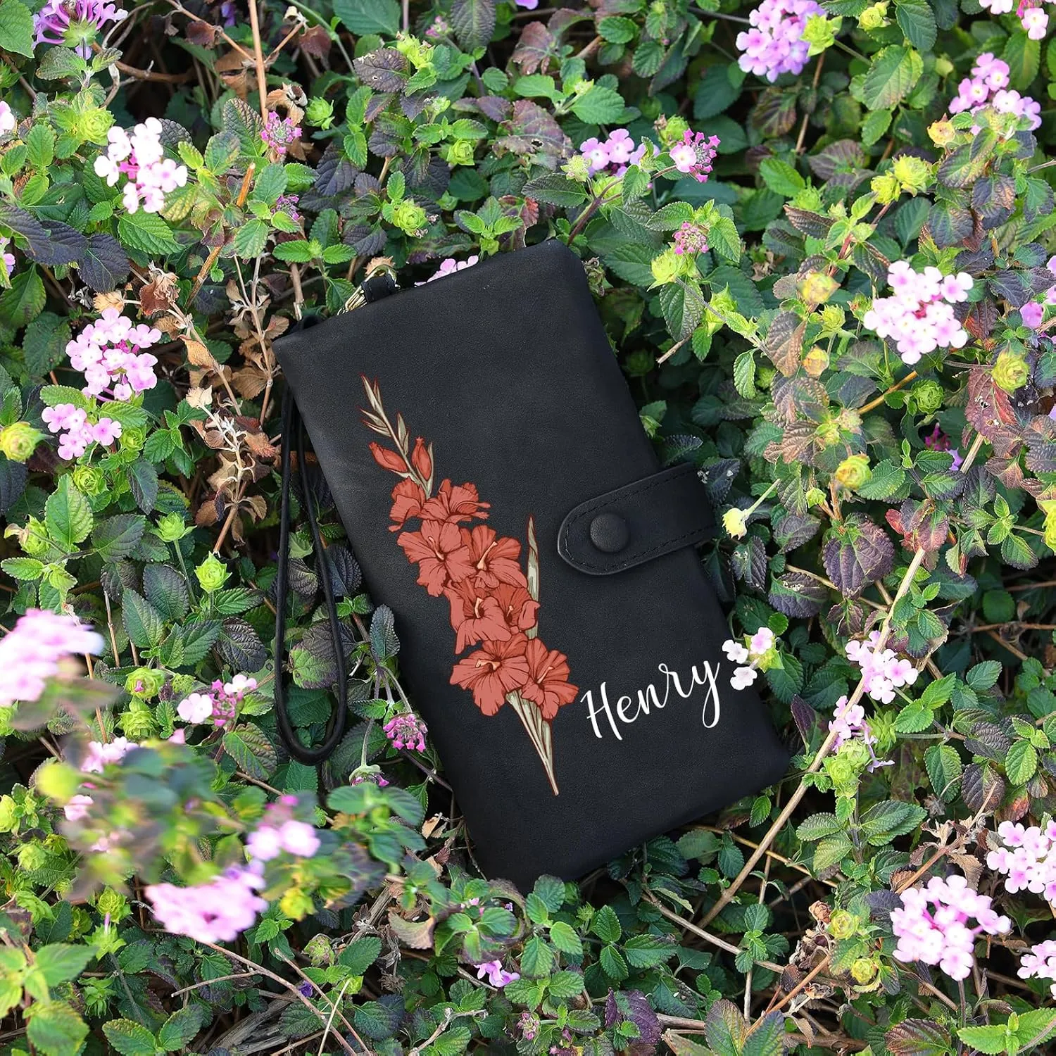 Custom Leather Wallet for Women - Personalized Ladies Wallet with Birthflower & Name - Women’s Wallets PU Leather Gifts for Women Mothers Day Gifts for Her (Black)