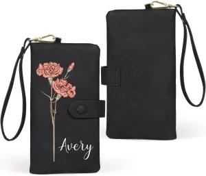 Custom Leather Wallet for Women - Personalized Ladies Wallet with Birthflower & Name - Women’s Wallets PU Leather Gifts for Women Mothers Day Gifts for Her (Black)