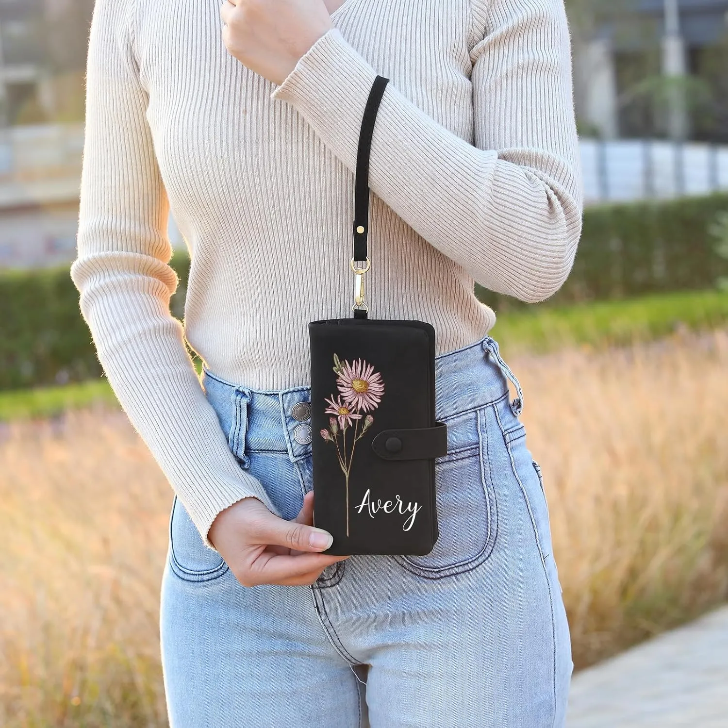 Custom Leather Wallet for Women - Personalized Ladies Wallet with Birthflower & Name - Women’s Wallets PU Leather Gifts for Women Mothers Day Gifts for Her (Black)