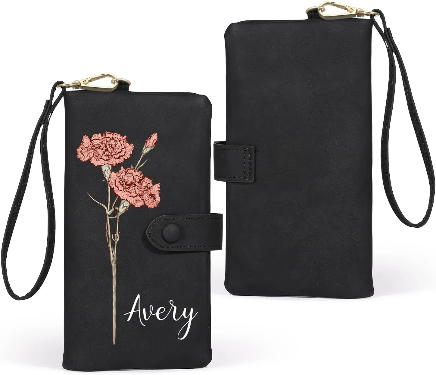 Custom Leather Wallet for Women - Personalized Ladies Wallet with Birthflower & Name - Women’s Wallets PU Leather Gifts for Women Mothers Day Gifts for Her (Black)