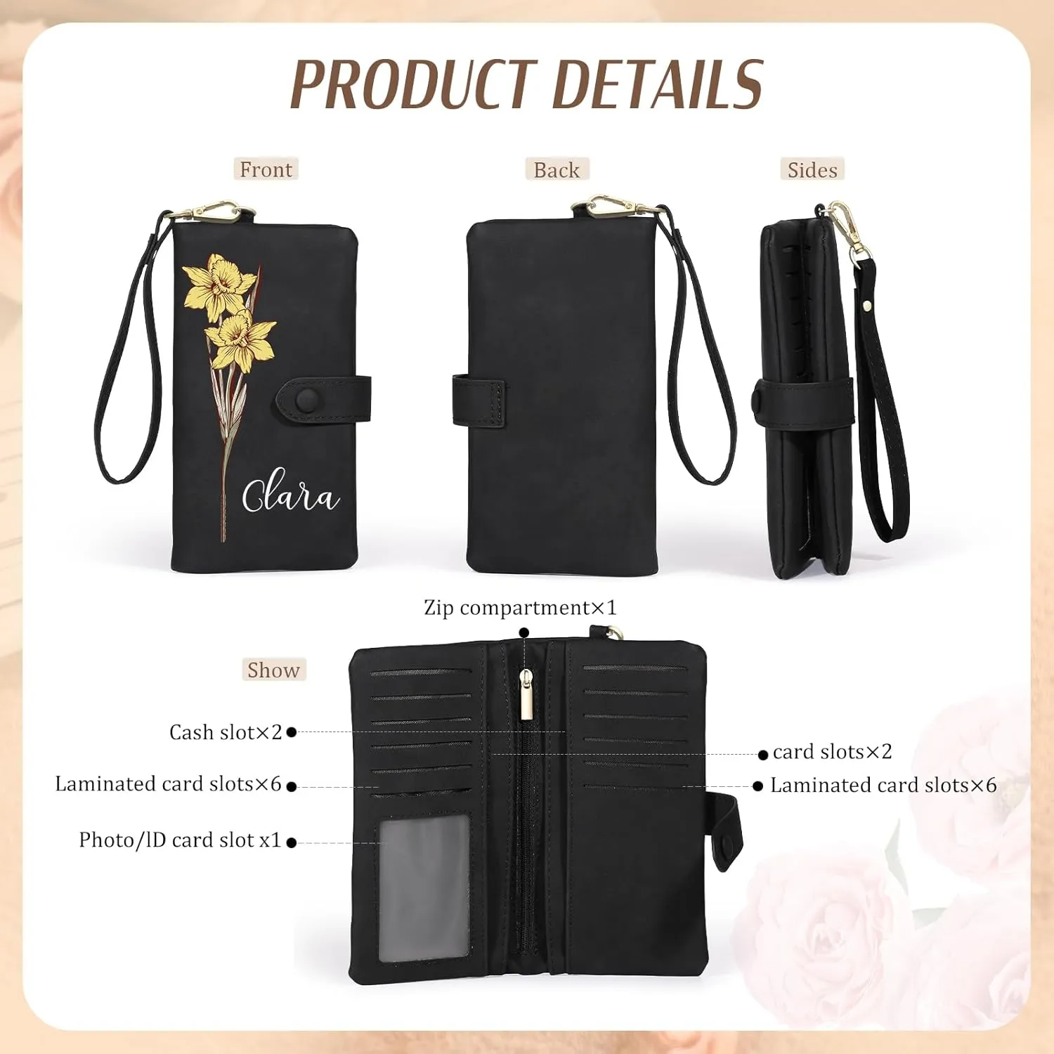 Custom Leather Wallet for Women - Personalized Ladies Wallet with Birthflower & Name - Women’s Wallets PU Leather Gifts for Women Mothers Day Gifts for Her (Black)