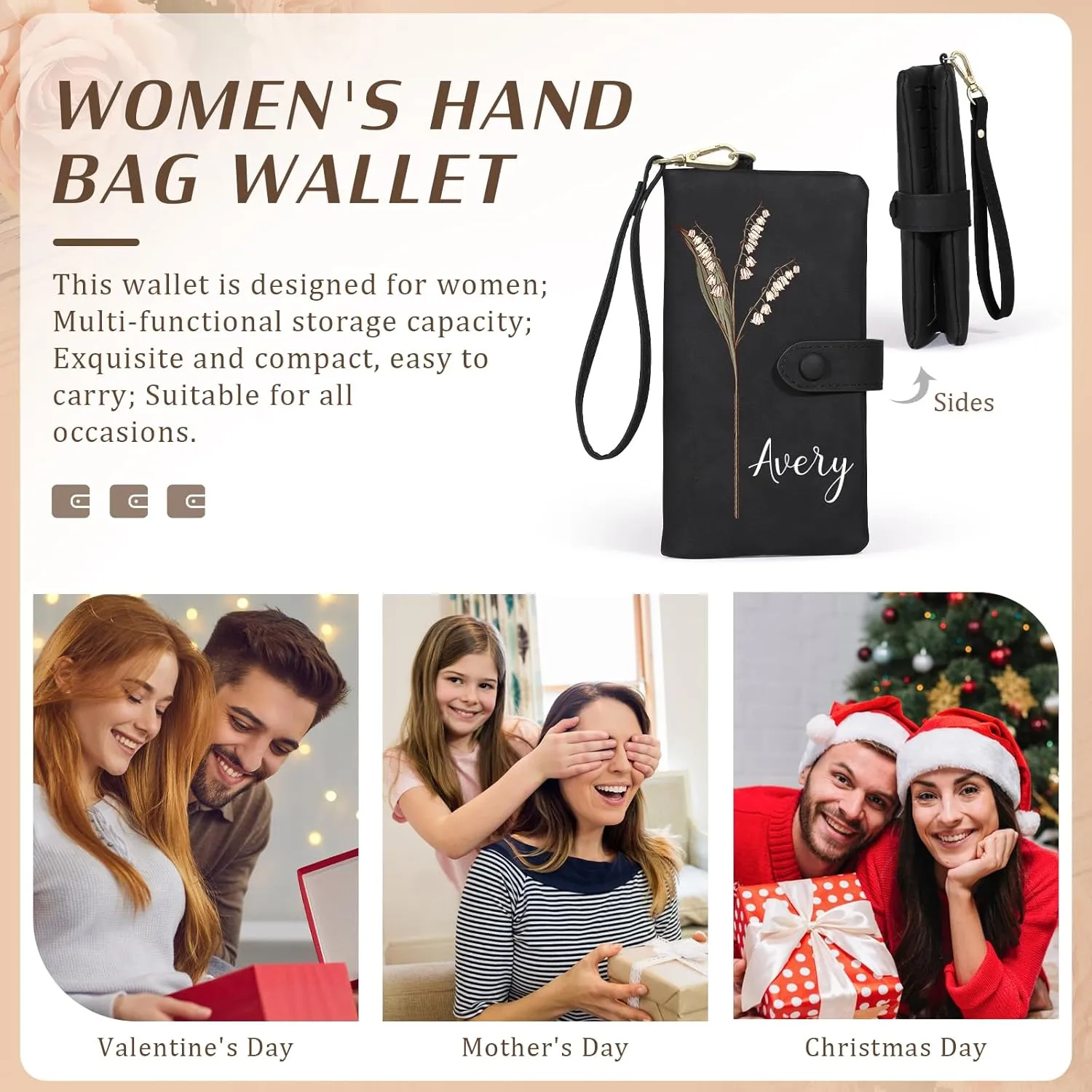 Custom Leather Wallet for Women - Personalized Ladies Wallet with Birthflower & Name - Women’s Wallets PU Leather Gifts for Women Mothers Day Gifts for Her (Black)