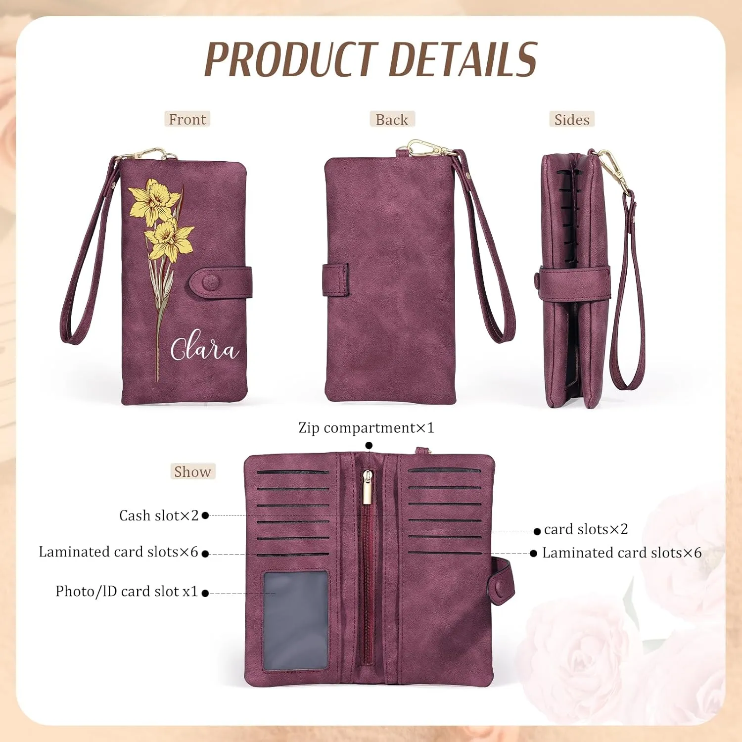 Custom Leather Wallet for Women - Personalized Ladies Wallet with Birthflower & Name - Women’s Wallets PU Leather Gifts for Women Mothers Day Gifts for Her (Purple)