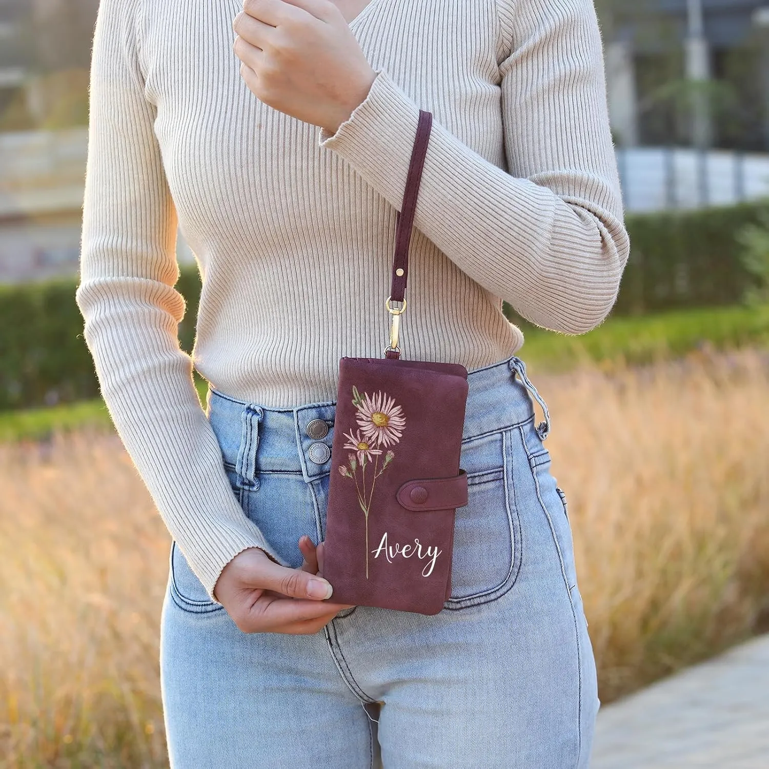 Custom Leather Wallet for Women - Personalized Ladies Wallet with Birthflower & Name - Women’s Wallets PU Leather Gifts for Women Mothers Day Gifts for Her (Purple)