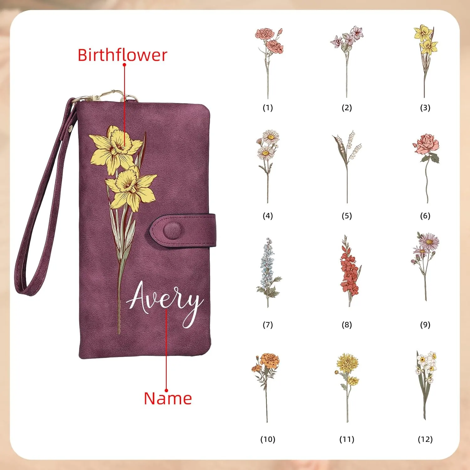 Custom Leather Wallet for Women - Personalized Ladies Wallet with Birthflower & Name - Women’s Wallets PU Leather Gifts for Women Mothers Day Gifts for Her (Purple)