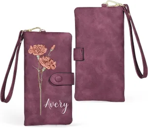 Custom Leather Wallet for Women - Personalized Ladies Wallet with Birthflower & Name - Women’s Wallets PU Leather Gifts for Women Mothers Day Gifts for Her (Purple)