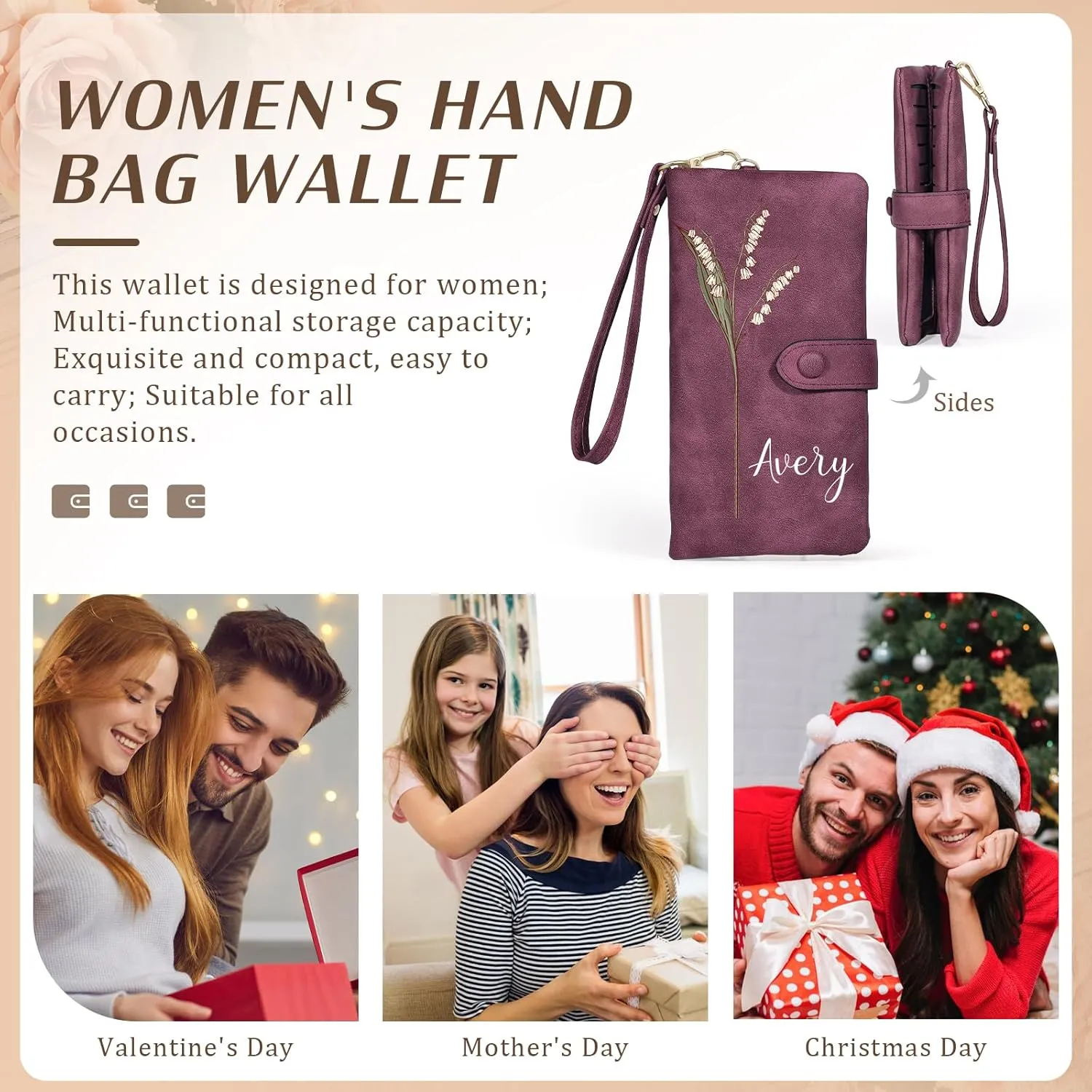 Custom Leather Wallet for Women - Personalized Ladies Wallet with Birthflower & Name - Women’s Wallets PU Leather Gifts for Women Mothers Day Gifts for Her (Purple)