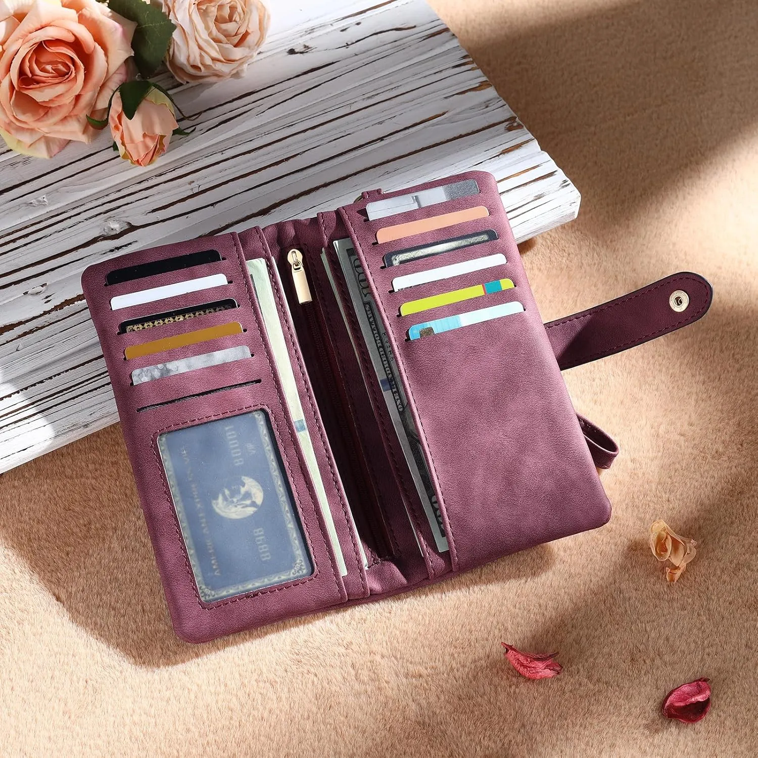 Custom Leather Wallet for Women - Personalized Ladies Wallet with Birthflower & Name - Women’s Wallets PU Leather Gifts for Women Mothers Day Gifts for Her (Purple)