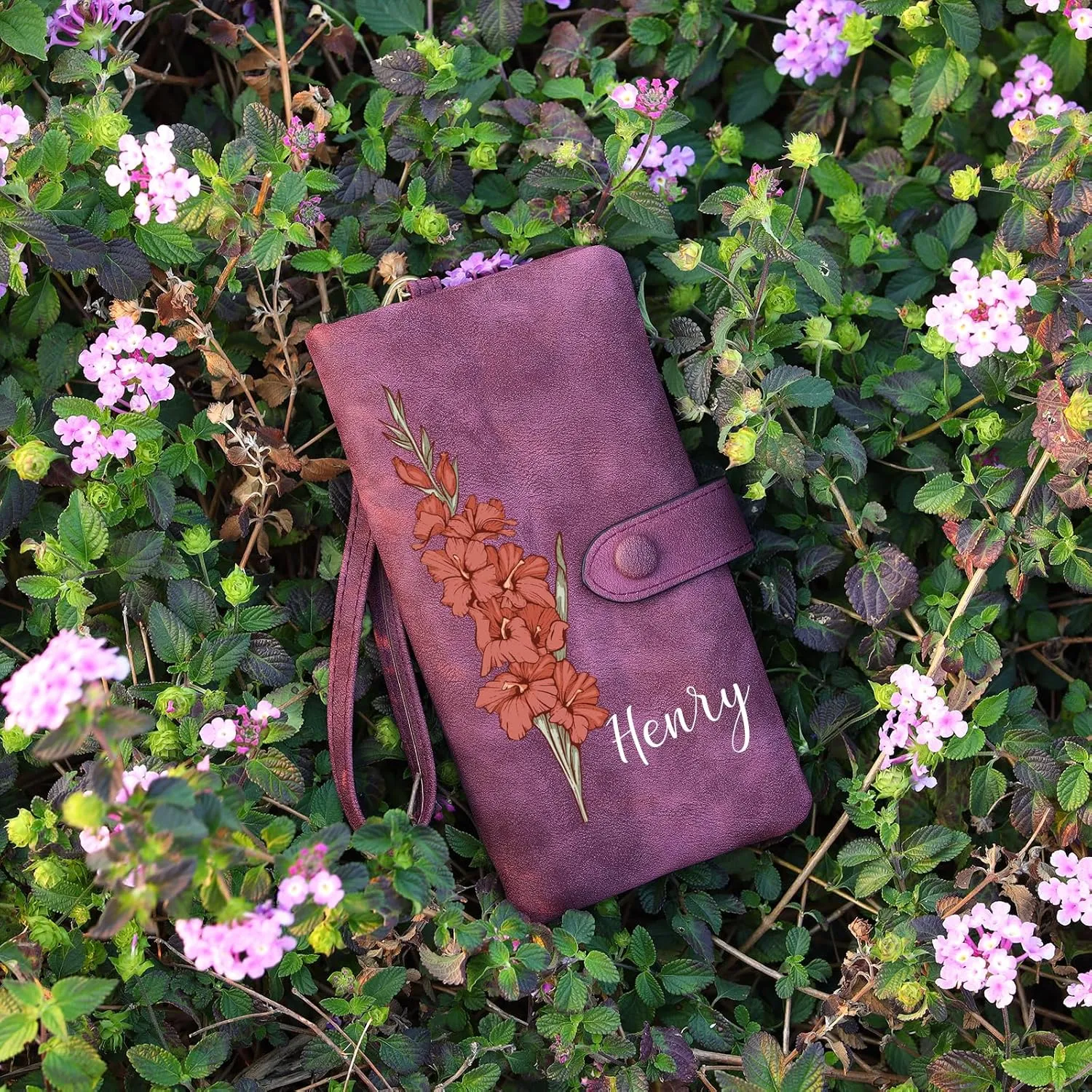 Custom Leather Wallet for Women - Personalized Ladies Wallet with Birthflower & Name - Women’s Wallets PU Leather Gifts for Women Mothers Day Gifts for Her (Purple)