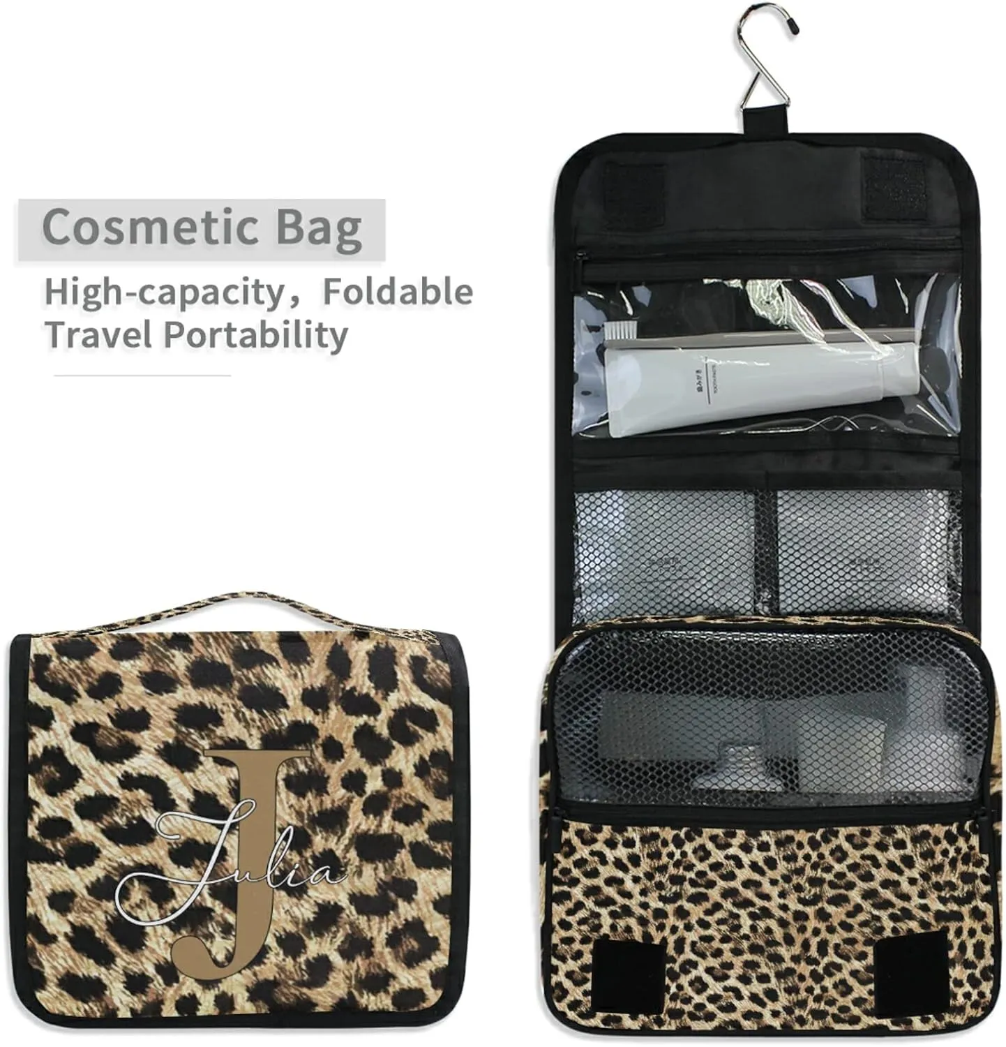 Custom Leopard Skin Travel Hanging Toiletry Bag Personalized Makeup Large Customized Cosmetic Bag Makeup Cosmetic Case Waterproof for Women Men Girls Accessories