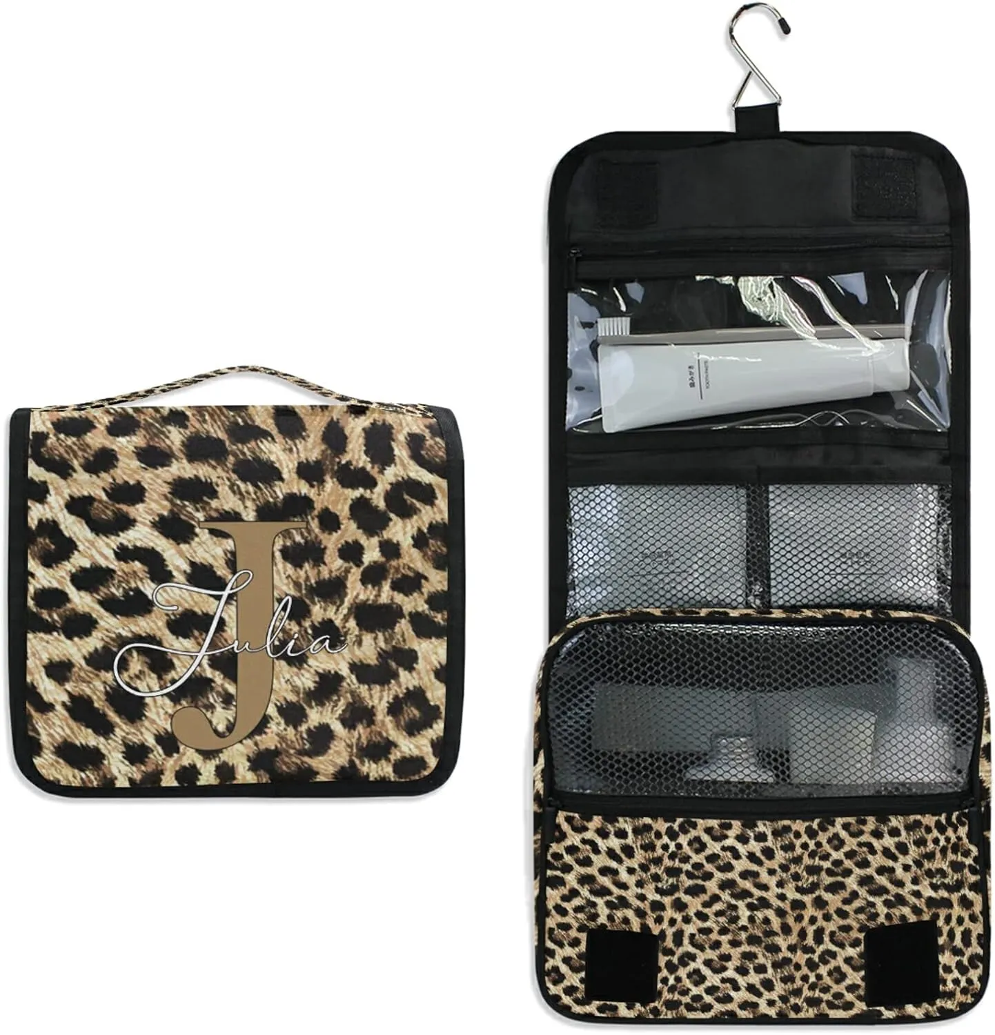 Custom Leopard Skin Travel Hanging Toiletry Bag Personalized Makeup Large Customized Cosmetic Bag Makeup Cosmetic Case Waterproof for Women Men Girls Accessories