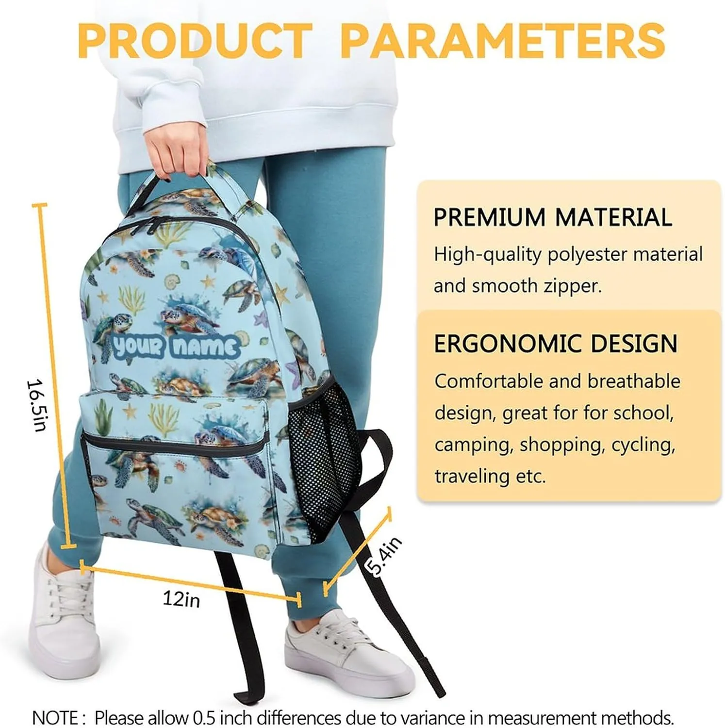 Custom Sea Turtle Backpack for Girls - 16 Inch Blue Backpacks for School - Cute Lightweight Bookbag for Kids