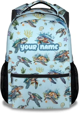 Custom Sea Turtle Backpack for Girls - 16 Inch Blue Backpacks for School - Cute Lightweight Bookbag for Kids