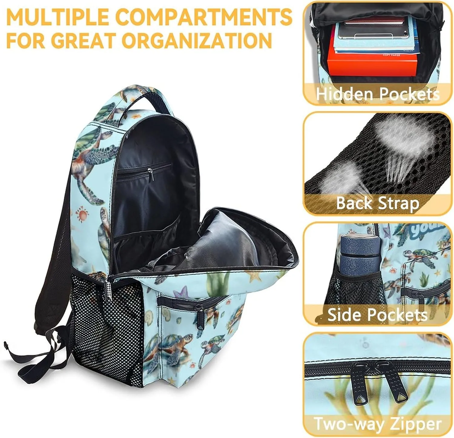 Custom Sea Turtle Backpack for Girls - 16 Inch Blue Backpacks for School - Cute Lightweight Bookbag for Kids