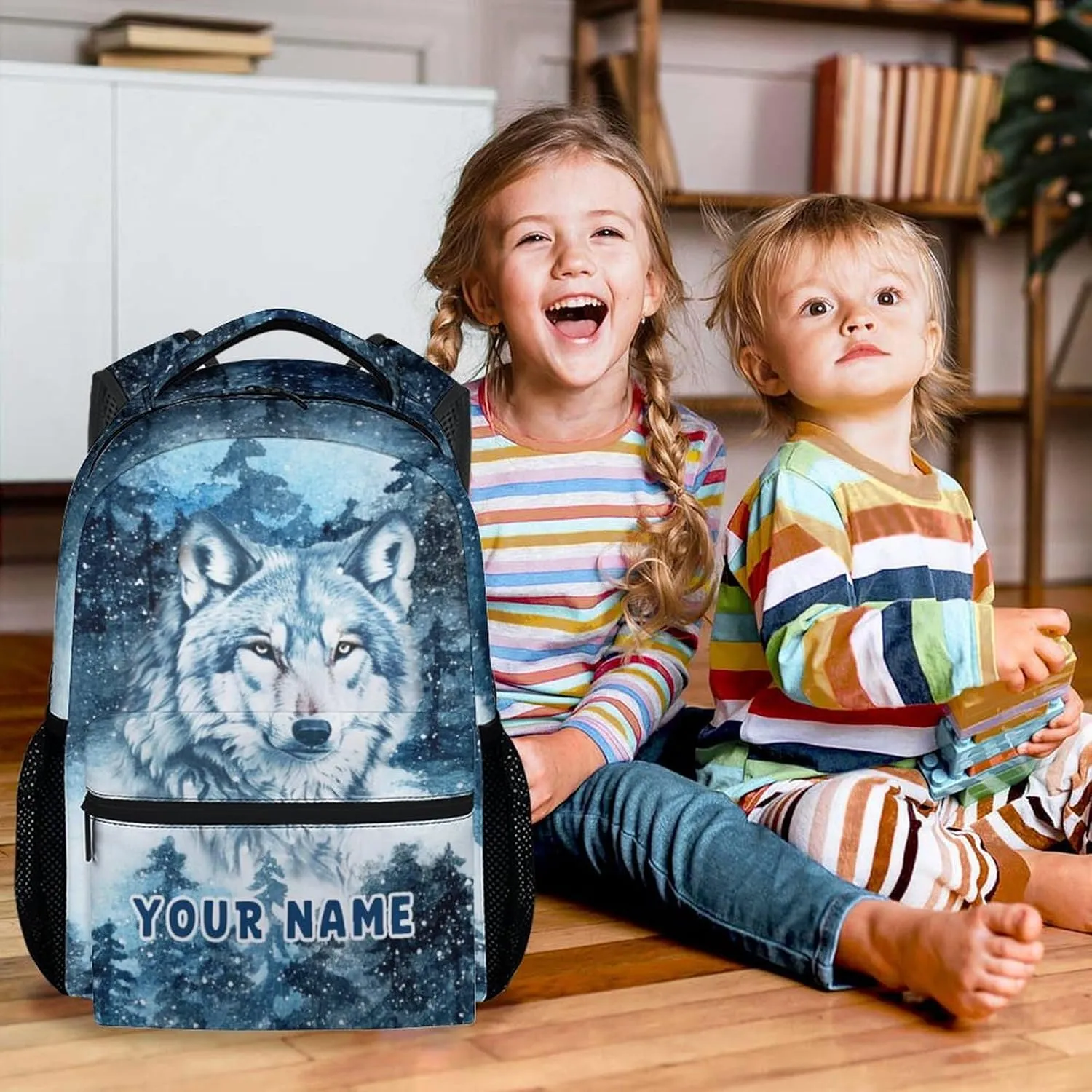Custom Wolf Backpack for Kids, 17 Inch Blue Backpacks for Middle School, Cool Lightweight Bookbag for Teens