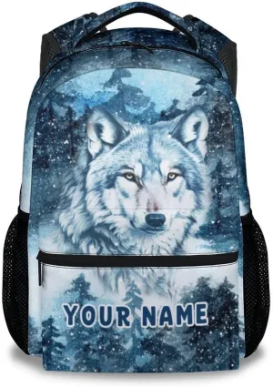 Custom Wolf Backpack for Kids, 17 Inch Blue Backpacks for Middle School, Cool Lightweight Bookbag for Teens