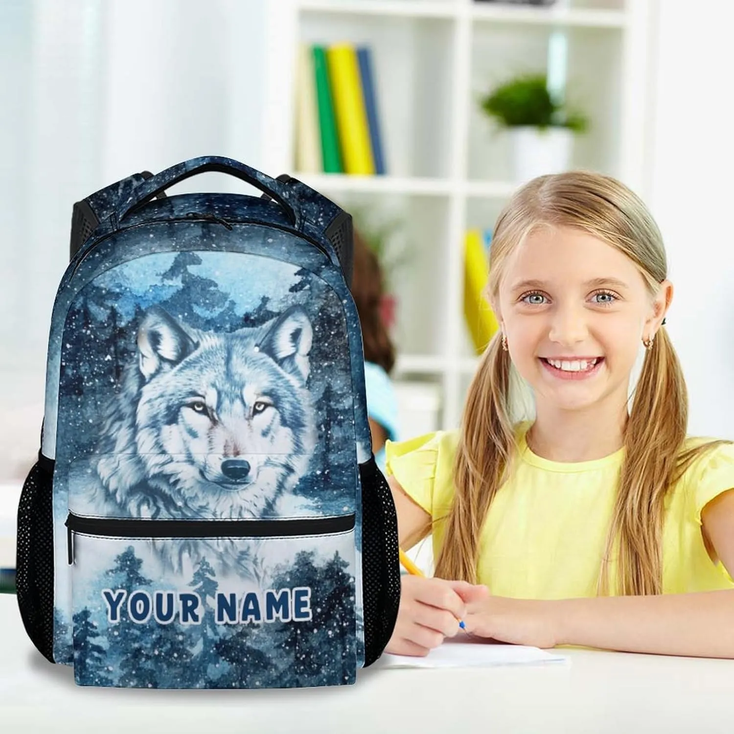 Custom Wolf Backpack for Kids, 17 Inch Blue Backpacks for Middle School, Cool Lightweight Bookbag for Teens