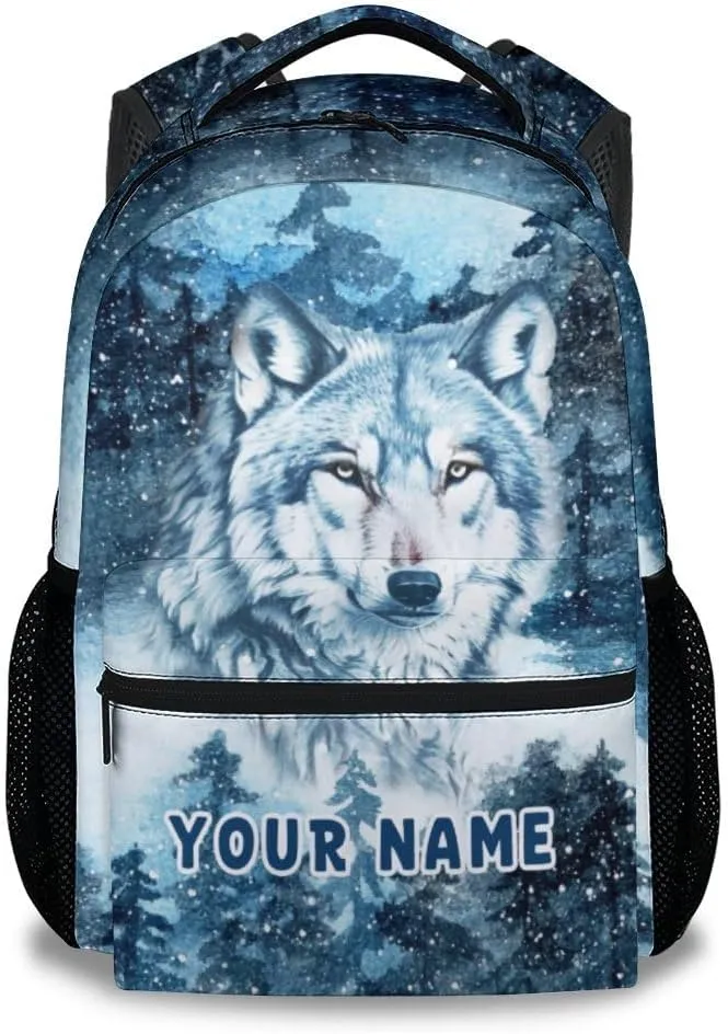 Custom Wolf Backpack for Kids, 17 Inch Blue Backpacks for Middle School, Cool Lightweight Bookbag for Teens