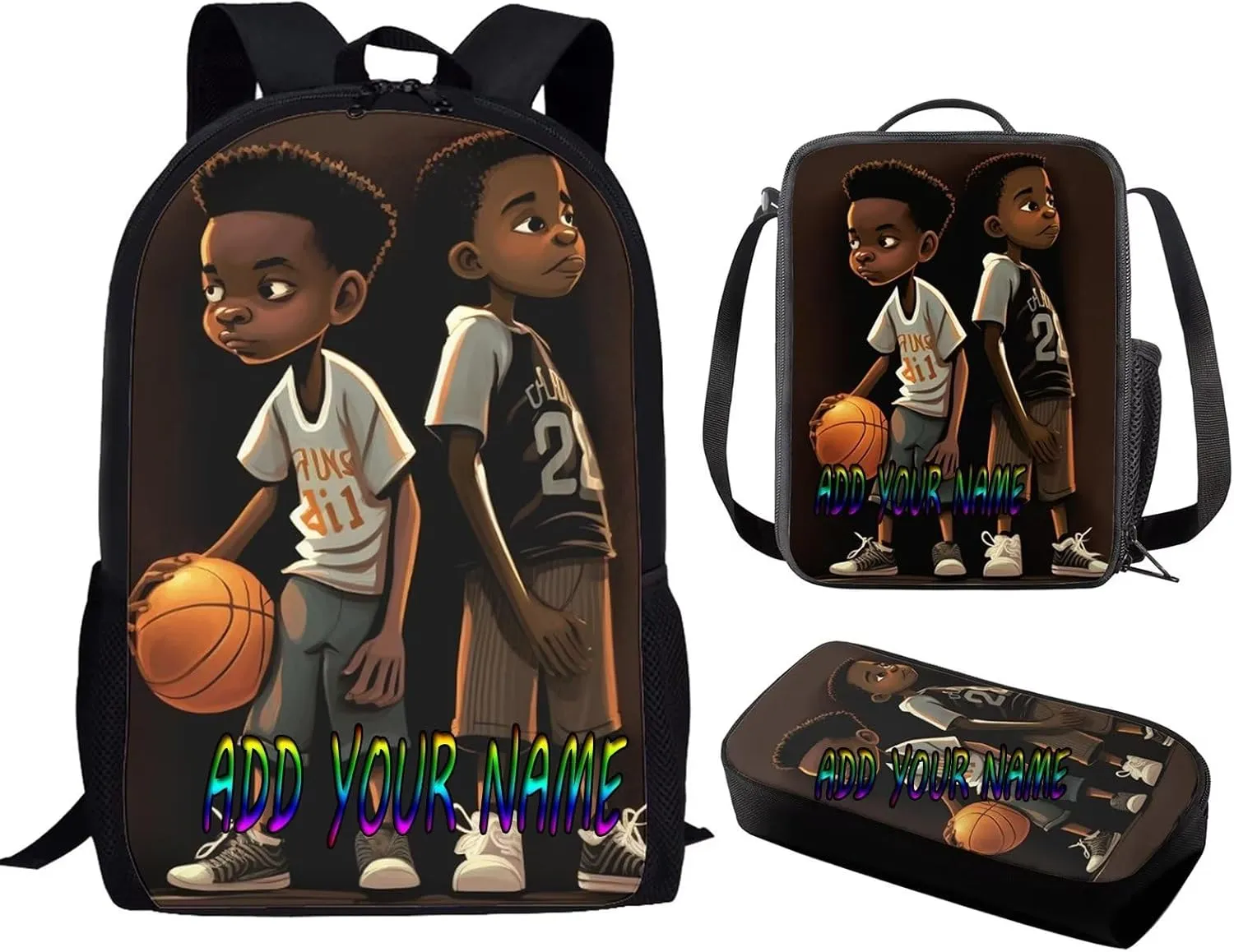 Custom Your Name African Boy School Bag Kids Backpack and Lunch Box Set for Boys Elementary, Basketball Bookbag Girls Lunch Bag Cooler Pack Pencil Case