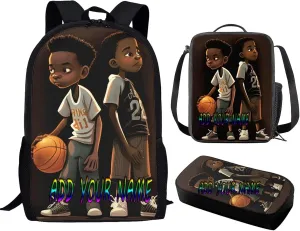 Custom Your Name African Boy School Bag Kids Backpack and Lunch Box Set for Boys Elementary, Basketball Bookbag Girls Lunch Bag Cooler Pack Pencil Case
