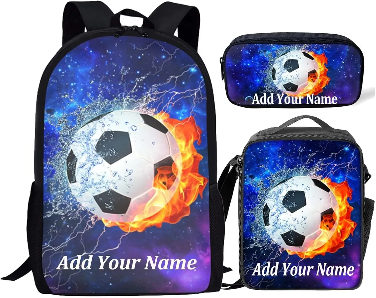 Customize Name Backpack for Boys with Lunch Box Set,Soccer Custom Bookbag Elementary Middle Personalized School Bag for Girls Teen Pencil Bag Galaxy Space