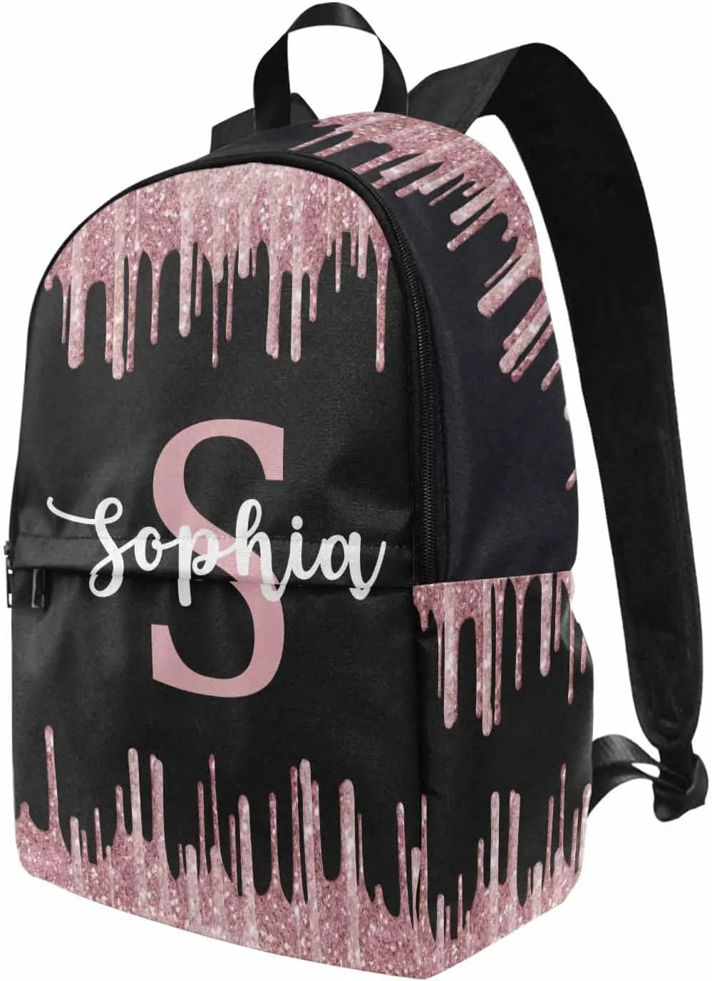 Customize Rose Gold Drip Casual School Backpack for Daughter Son, Sparkle Glitter with Initial Name Schoolbag Personalized Shoulder Bag Travel Daypack for Students Boys Girls Back School Gifts