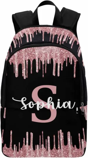 Customize Rose Gold Drip Casual School Backpack for Daughter Son, Sparkle Glitter with Initial Name Schoolbag Personalized Shoulder Bag Travel Daypack for Students Boys Girls Back School Gifts