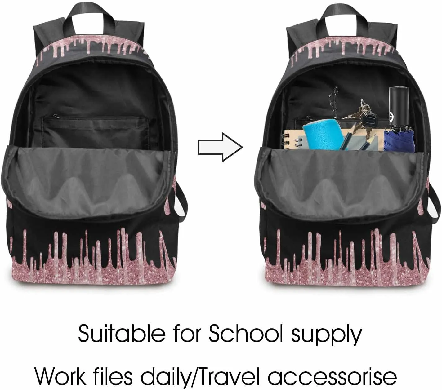 Customize Rose Gold Drip Casual School Backpack for Daughter Son, Sparkle Glitter with Initial Name Schoolbag Personalized Shoulder Bag Travel Daypack for Students Boys Girls Back School Gifts