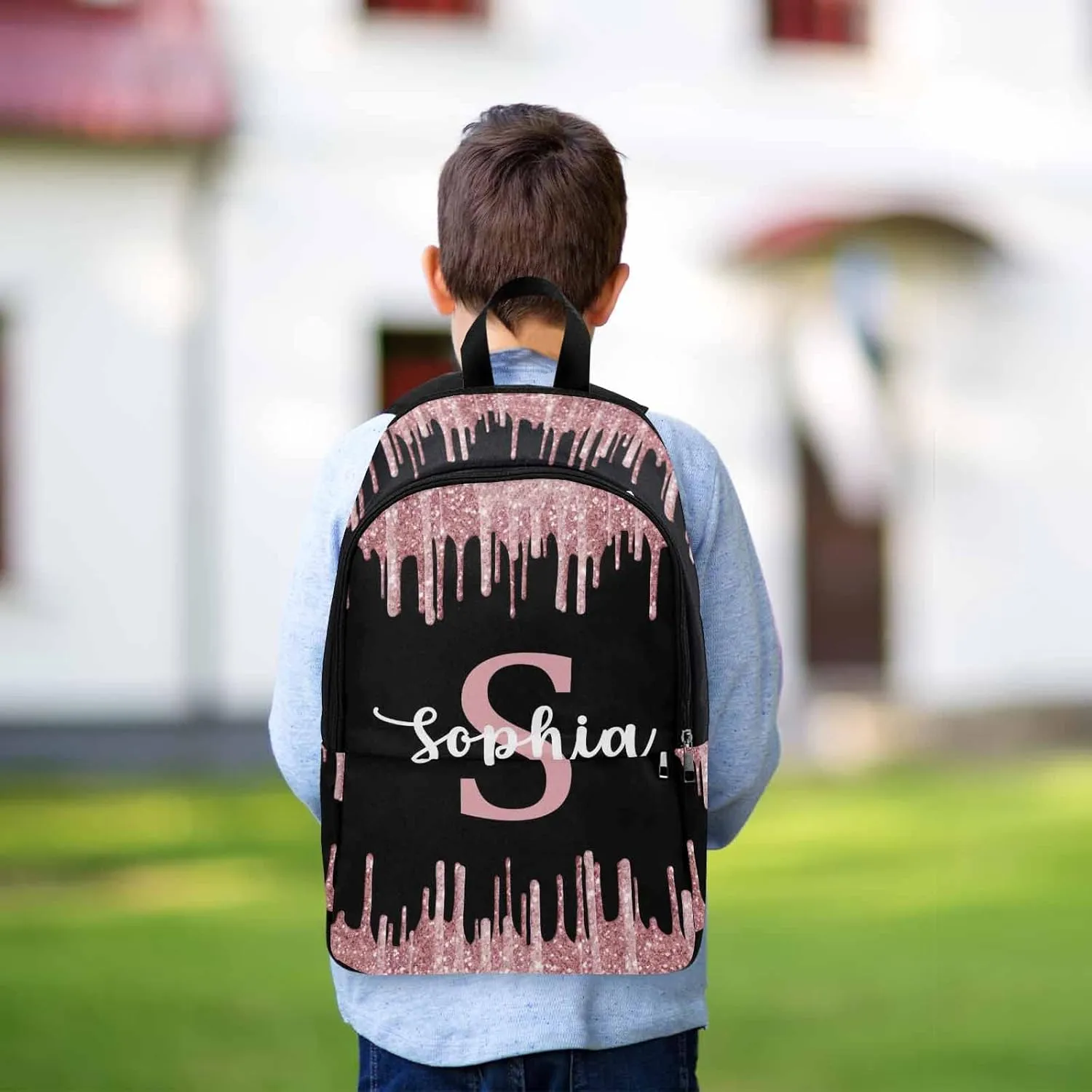 Customize Rose Gold Drip Casual School Backpack for Daughter Son, Sparkle Glitter with Initial Name Schoolbag Personalized Shoulder Bag Travel Daypack for Students Boys Girls Back School Gifts