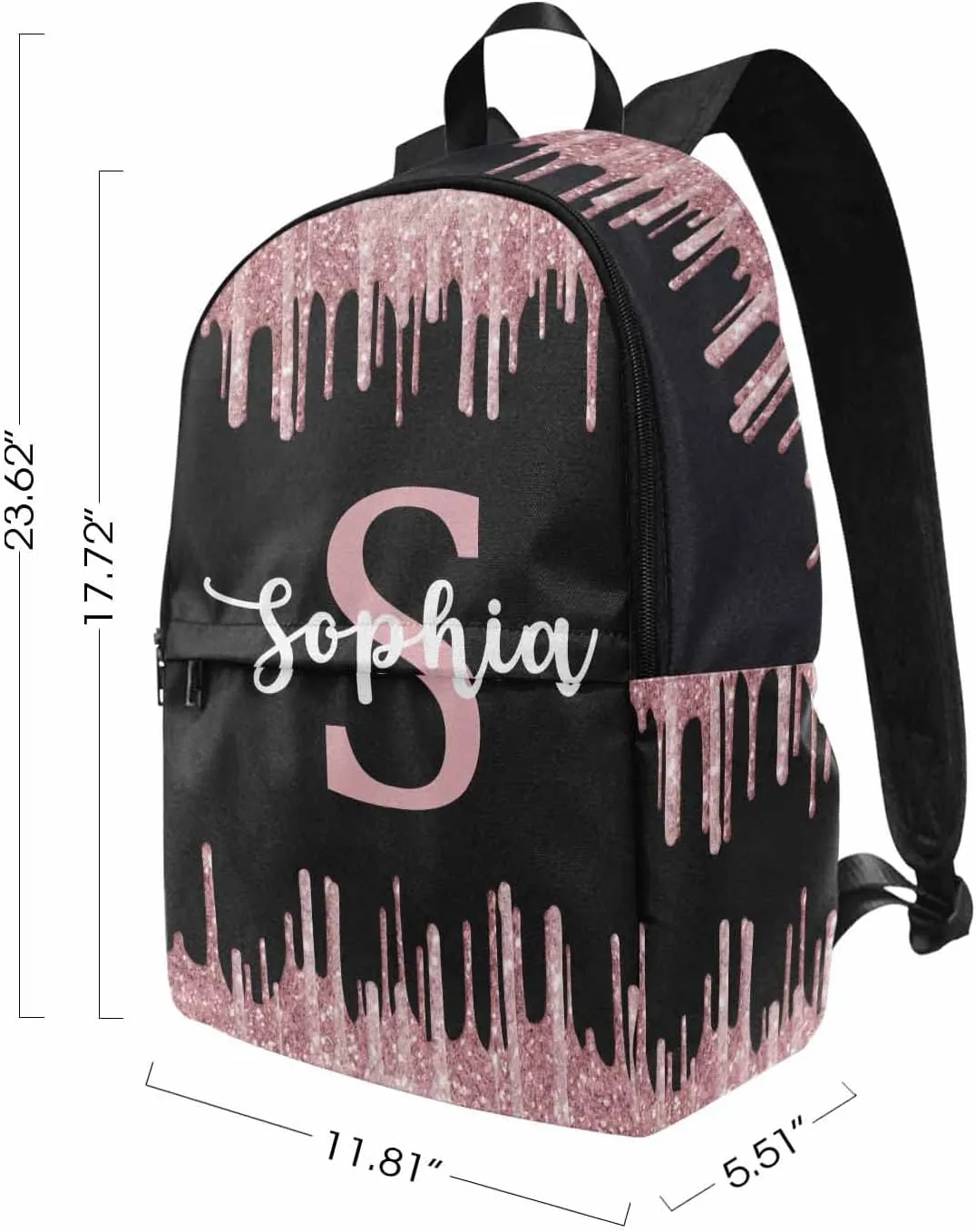 Customize Rose Gold Drip Casual School Backpack for Daughter Son, Sparkle Glitter with Initial Name Schoolbag Personalized Shoulder Bag Travel Daypack for Students Boys Girls Back School Gifts
