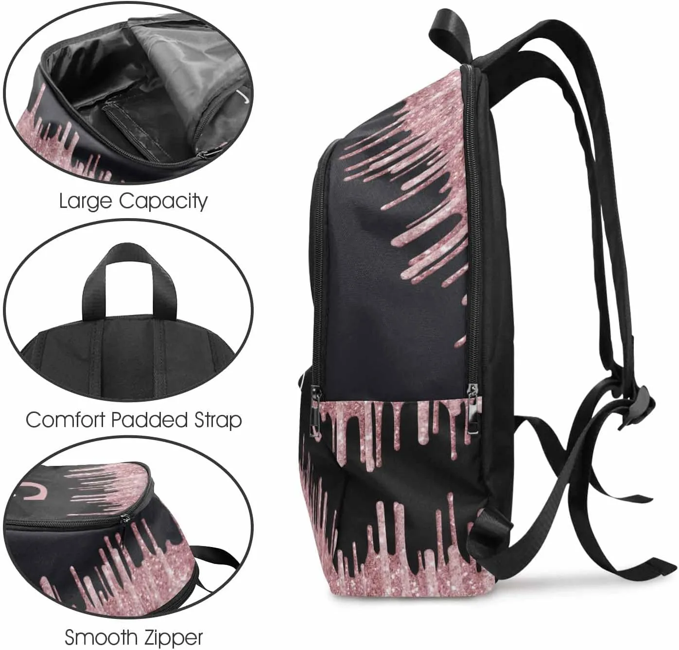 Customize Rose Gold Drip Casual School Backpack for Daughter Son, Sparkle Glitter with Initial Name Schoolbag Personalized Shoulder Bag Travel Daypack for Students Boys Girls Back School Gifts