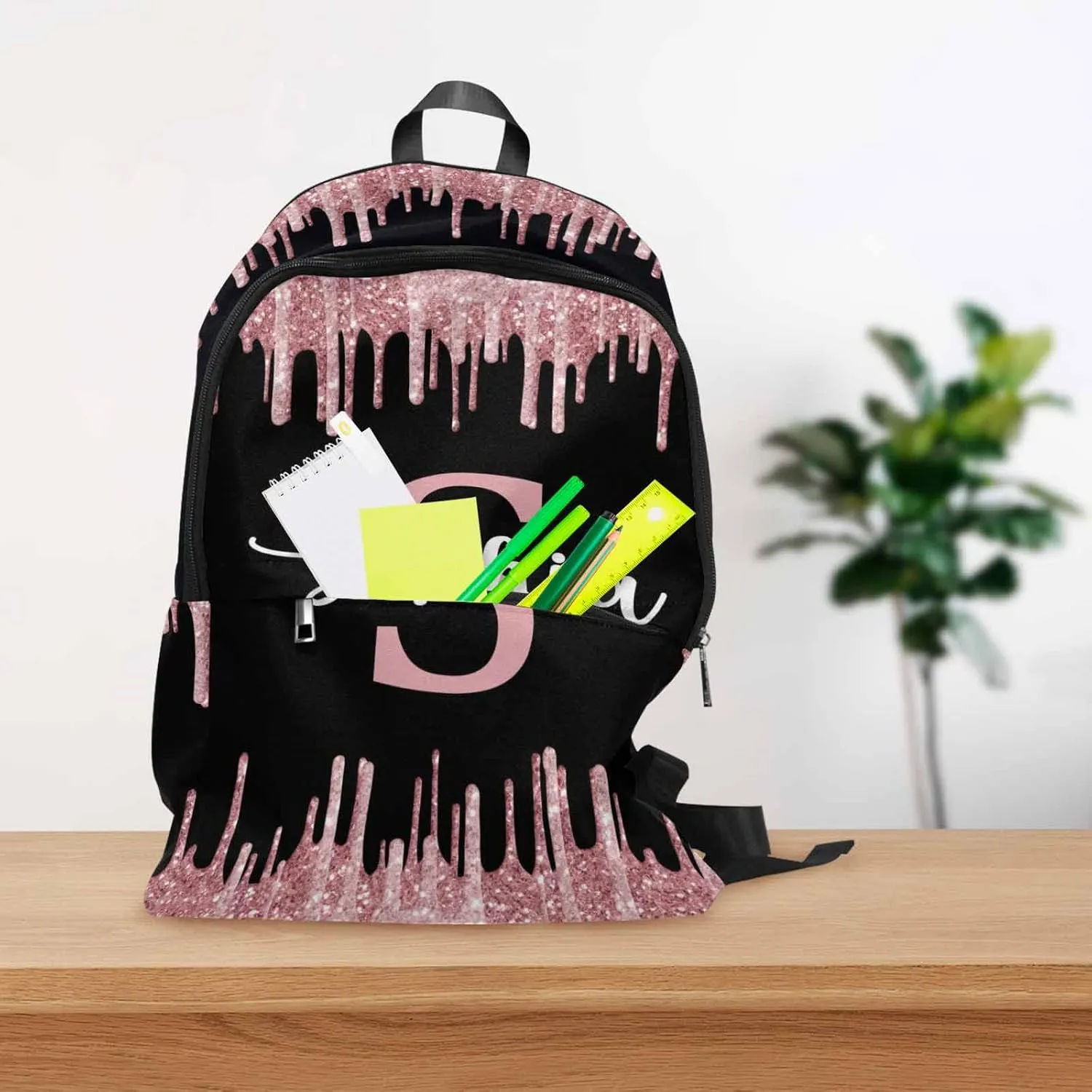 Customize Rose Gold Drip Casual School Backpack for Daughter Son, Sparkle Glitter with Initial Name Schoolbag Personalized Shoulder Bag Travel Daypack for Students Boys Girls Back School Gifts