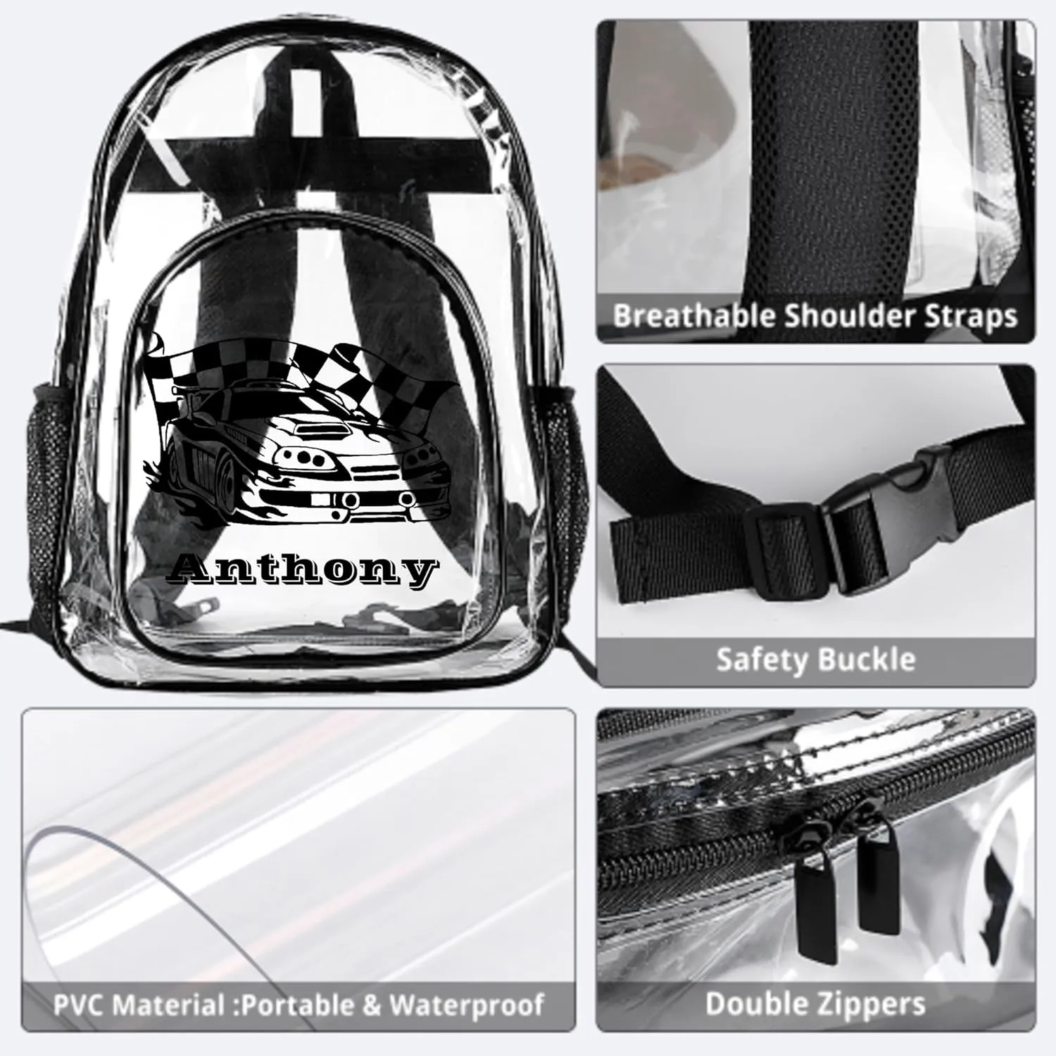 Customized Clear Backpack for Boys, Custom Racing Clear Backpacks with Name,Transparent Backpack with Reinforced Strap,See Through Waterproof Heavy Clear Book Bag, Back to School Gifts