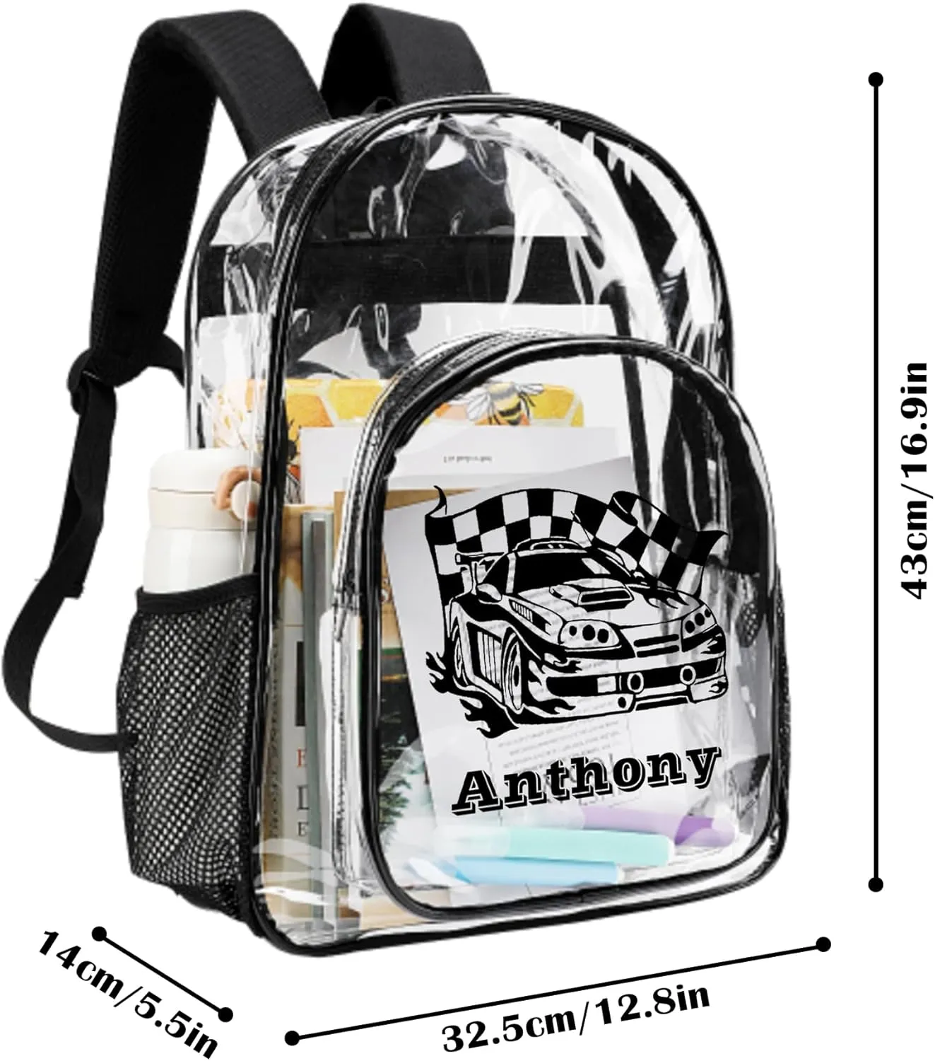 Customized Clear Backpack for Boys, Custom Racing Clear Backpacks with Name,Transparent Backpack with Reinforced Strap,See Through Waterproof Heavy Clear Book Bag, Back to School Gifts