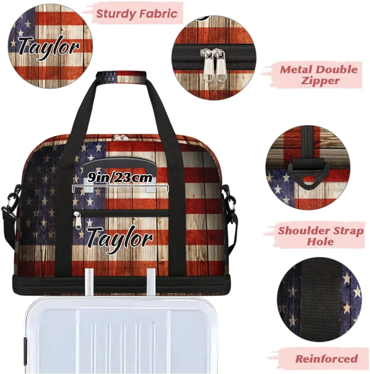 Customized Gym Bag for Women, Personalized 4th of July Travel Duffel Bag with Name, American Flag Weekender Overnight Bag with Shoes Compartment for Men Travel Yoga
