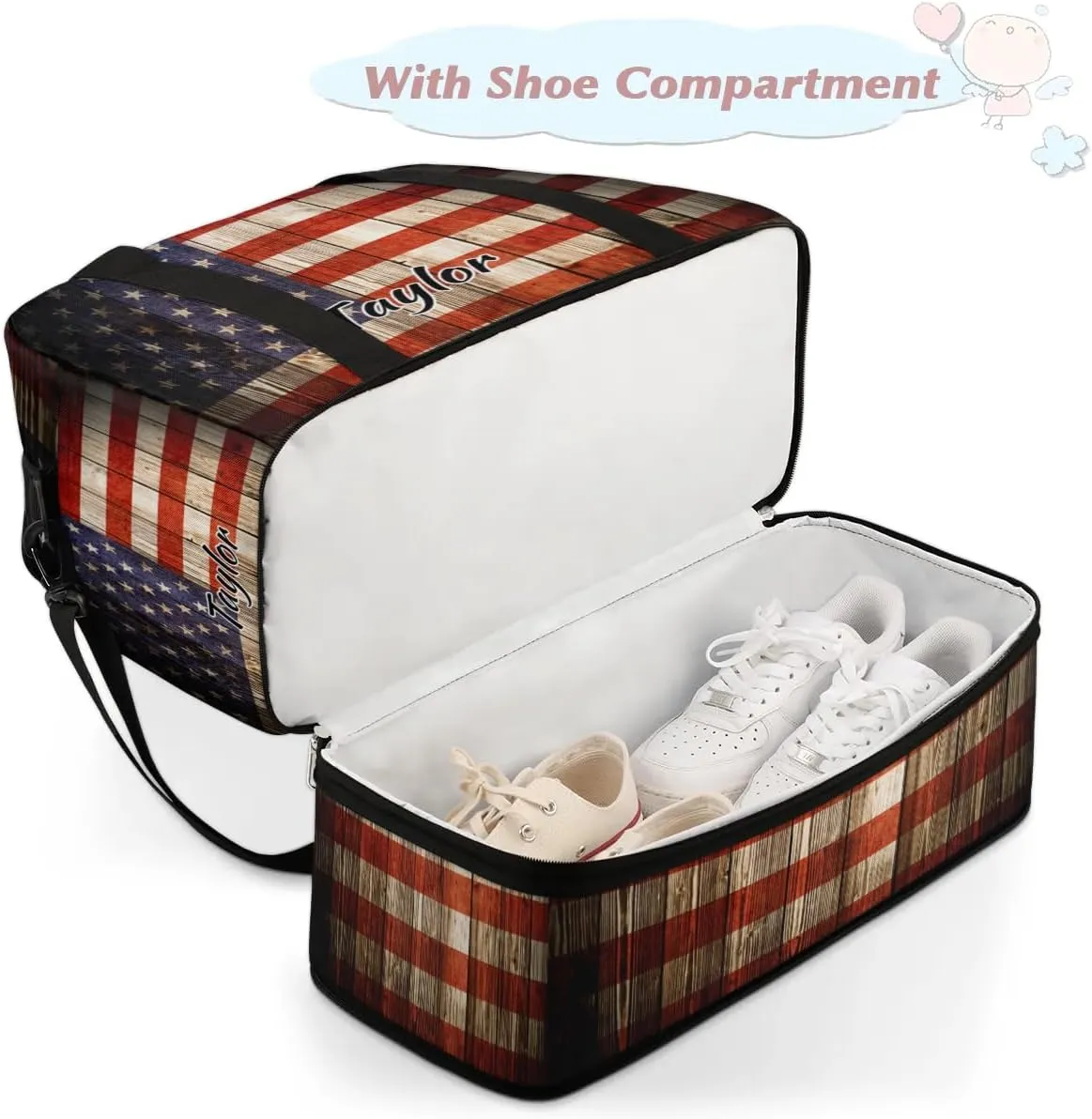 Customized Gym Bag for Women, Personalized 4th of July Travel Duffel Bag with Name, American Flag Weekender Overnight Bag with Shoes Compartment for Men Travel Yoga