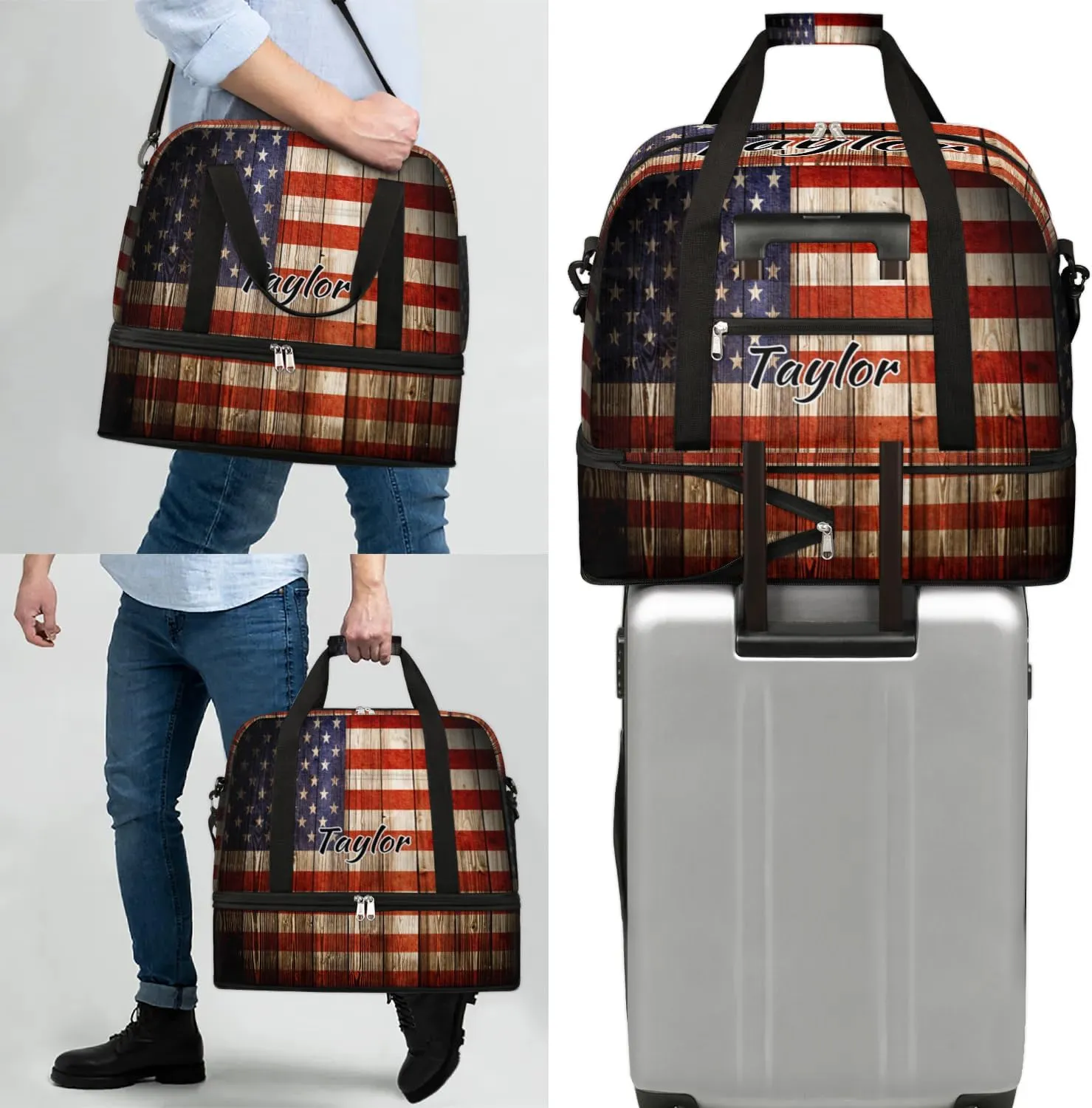 Customized Gym Bag for Women, Personalized 4th of July Travel Duffel Bag with Name, American Flag Weekender Overnight Bag with Shoes Compartment for Men Travel Yoga