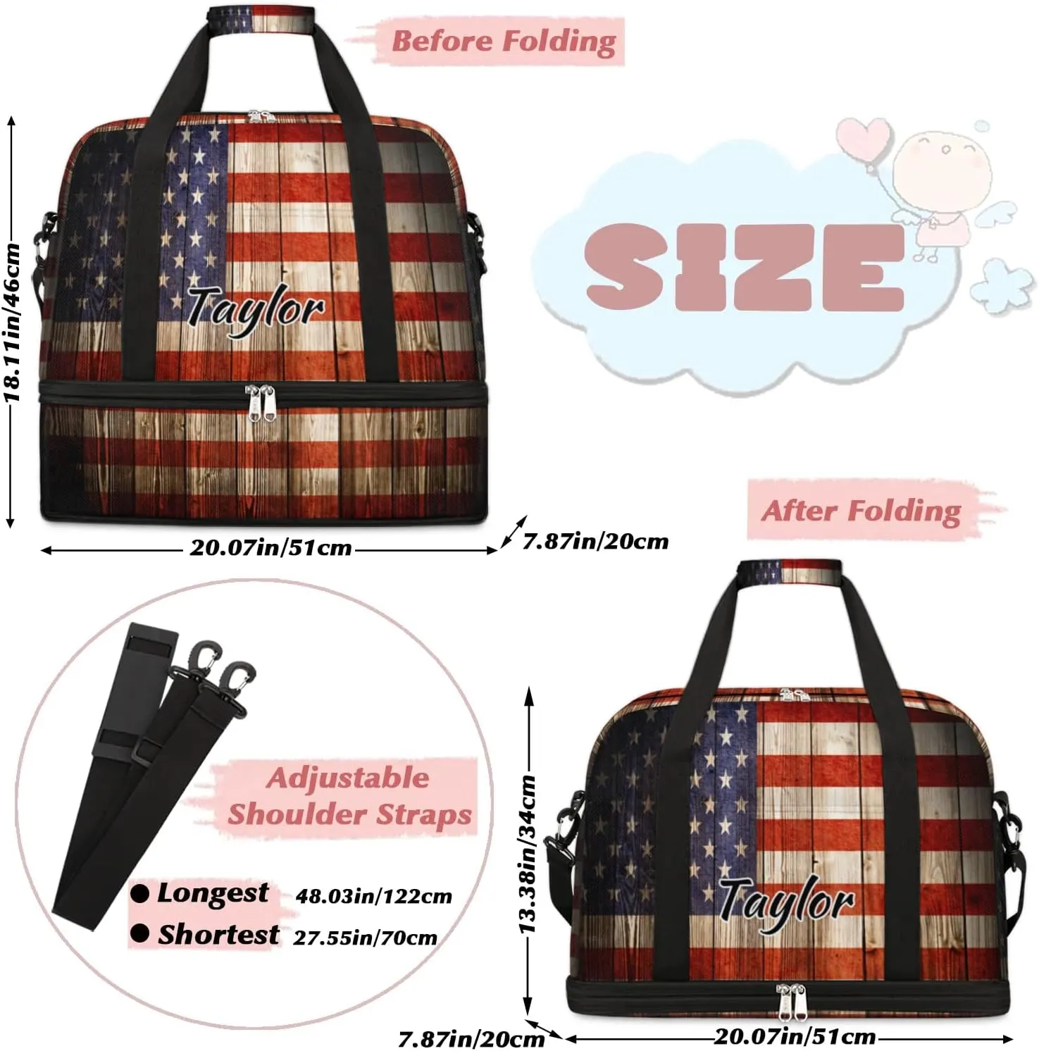 Customized Gym Bag for Women, Personalized 4th of July Travel Duffel Bag with Name, American Flag Weekender Overnight Bag with Shoes Compartment for Men Travel Yoga