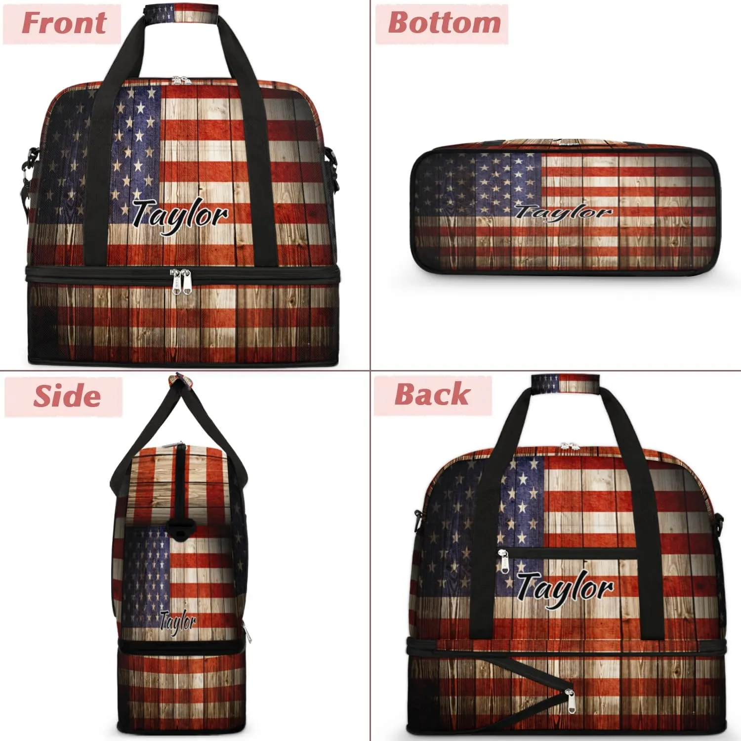 Customized Gym Bag for Women, Personalized 4th of July Travel Duffel Bag with Name, American Flag Weekender Overnight Bag with Shoes Compartment for Men Travel Yoga