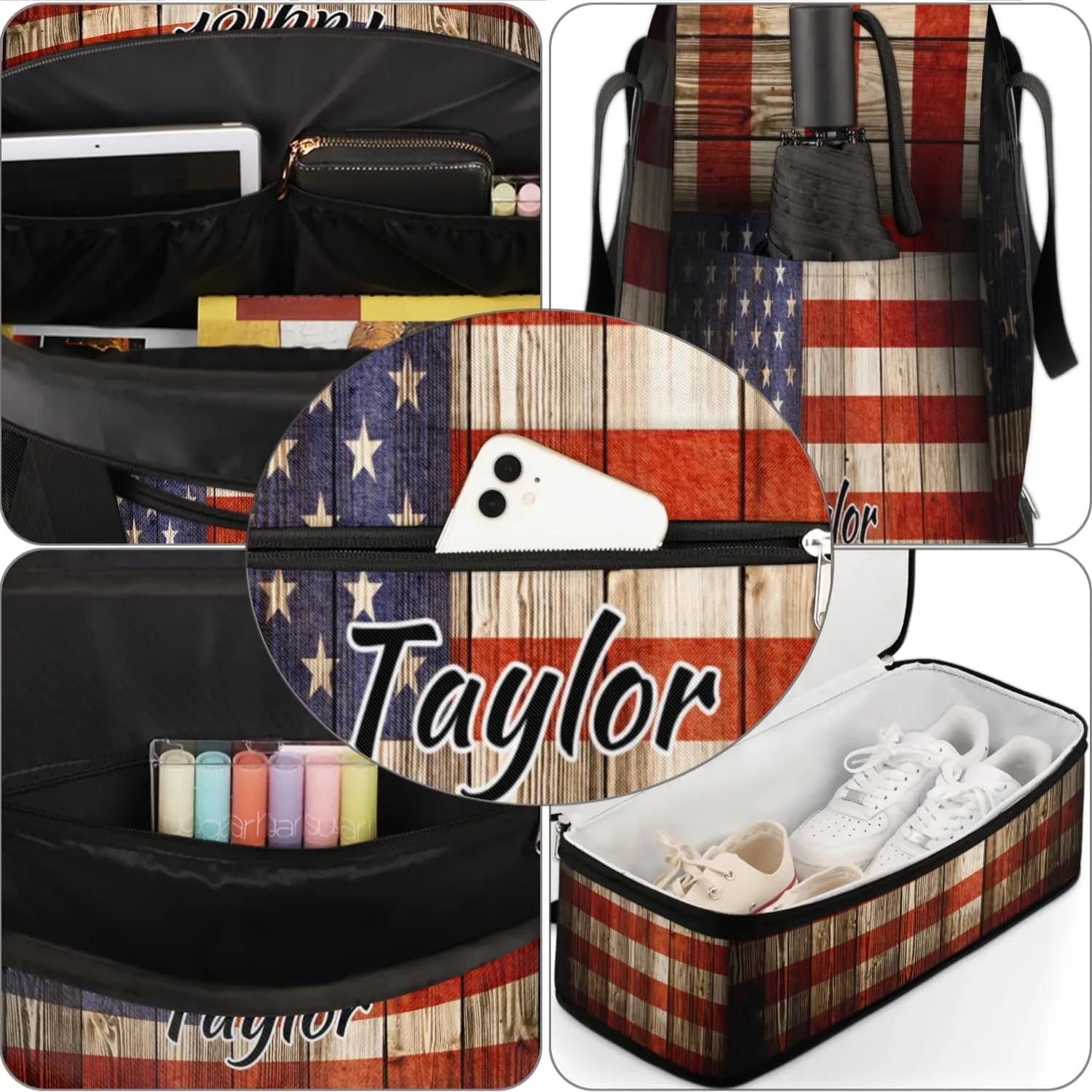 Customized Gym Bag for Women, Personalized 4th of July Travel Duffel Bag with Name, American Flag Weekender Overnight Bag with Shoes Compartment for Men Travel Yoga