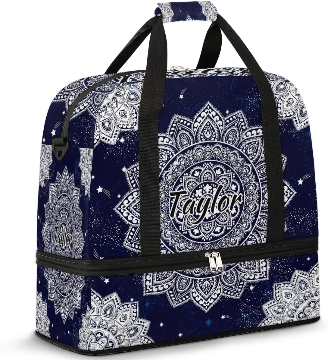Customized Gym Bag for Women, Personalized Boho Mandala Travel Duffel Bag with Name, Mandala Flower Weekender Overnight Bag with Shoes Compartment for Men Travel Yoga