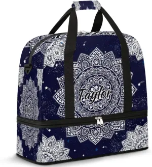 Customized Gym Bag for Women, Personalized Boho Mandala Travel Duffel Bag with Name, Mandala Flower Weekender Overnight Bag with Shoes Compartment for Men Travel Yoga