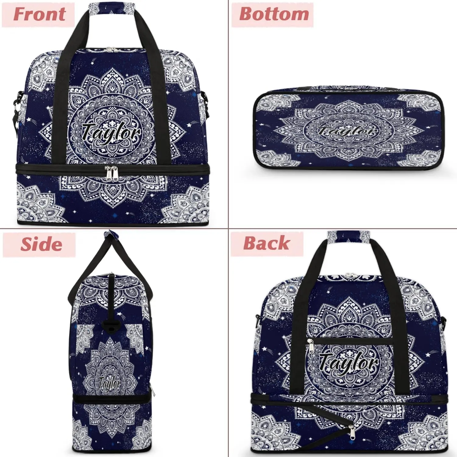 Customized Gym Bag for Women, Personalized Boho Mandala Travel Duffel Bag with Name, Mandala Flower Weekender Overnight Bag with Shoes Compartment for Men Travel Yoga