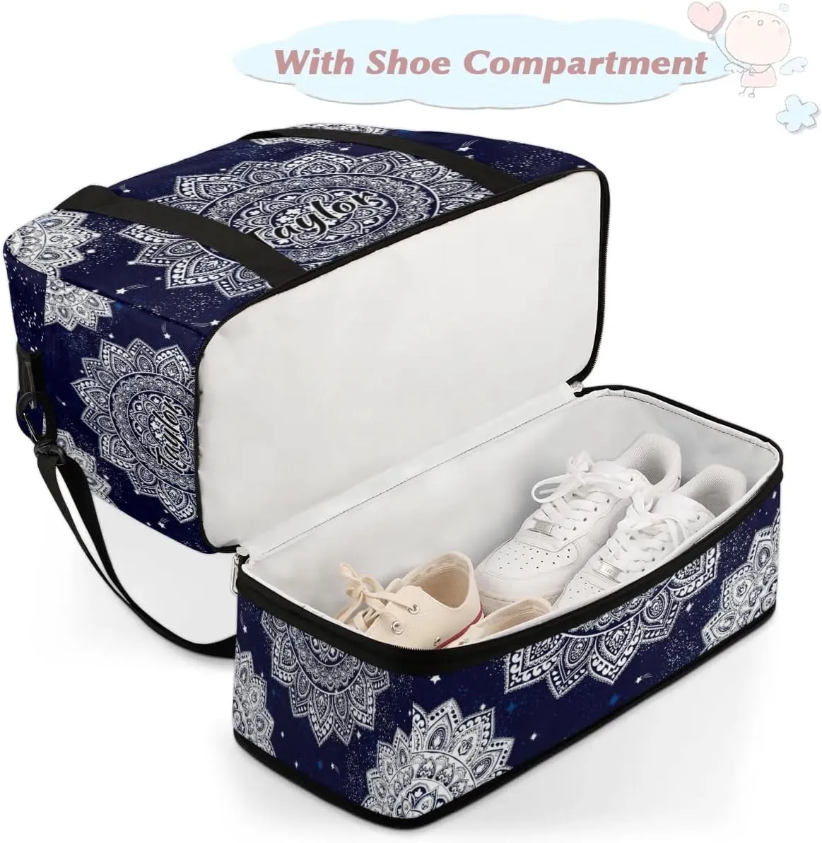 Customized Gym Bag for Women, Personalized Boho Mandala Travel Duffel Bag with Name, Mandala Flower Weekender Overnight Bag with Shoes Compartment for Men Travel Yoga