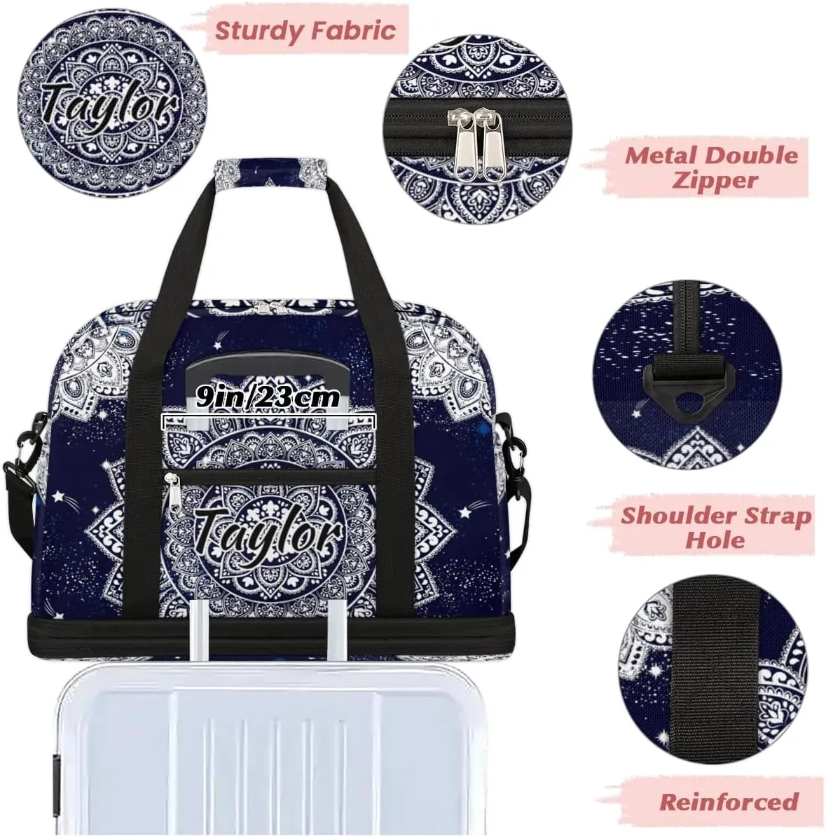 Customized Gym Bag for Women, Personalized Boho Mandala Travel Duffel Bag with Name, Mandala Flower Weekender Overnight Bag with Shoes Compartment for Men Travel Yoga